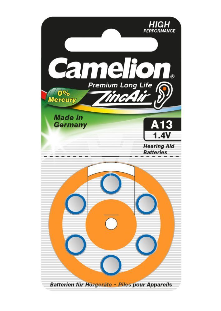 Camelion Akku (1,4 V), Hörgerät-Batterie Camelion 13, A13, Made in Germany, 6 Stück