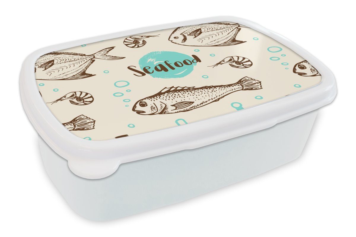 MuchoWow Lunchbox Lebensmittel - Muster - Fisch, Kunststoff, (2-tlg), Brotbox für Kinder und Erwachsene, Brotdose, für Jungs und Mädchen weiß