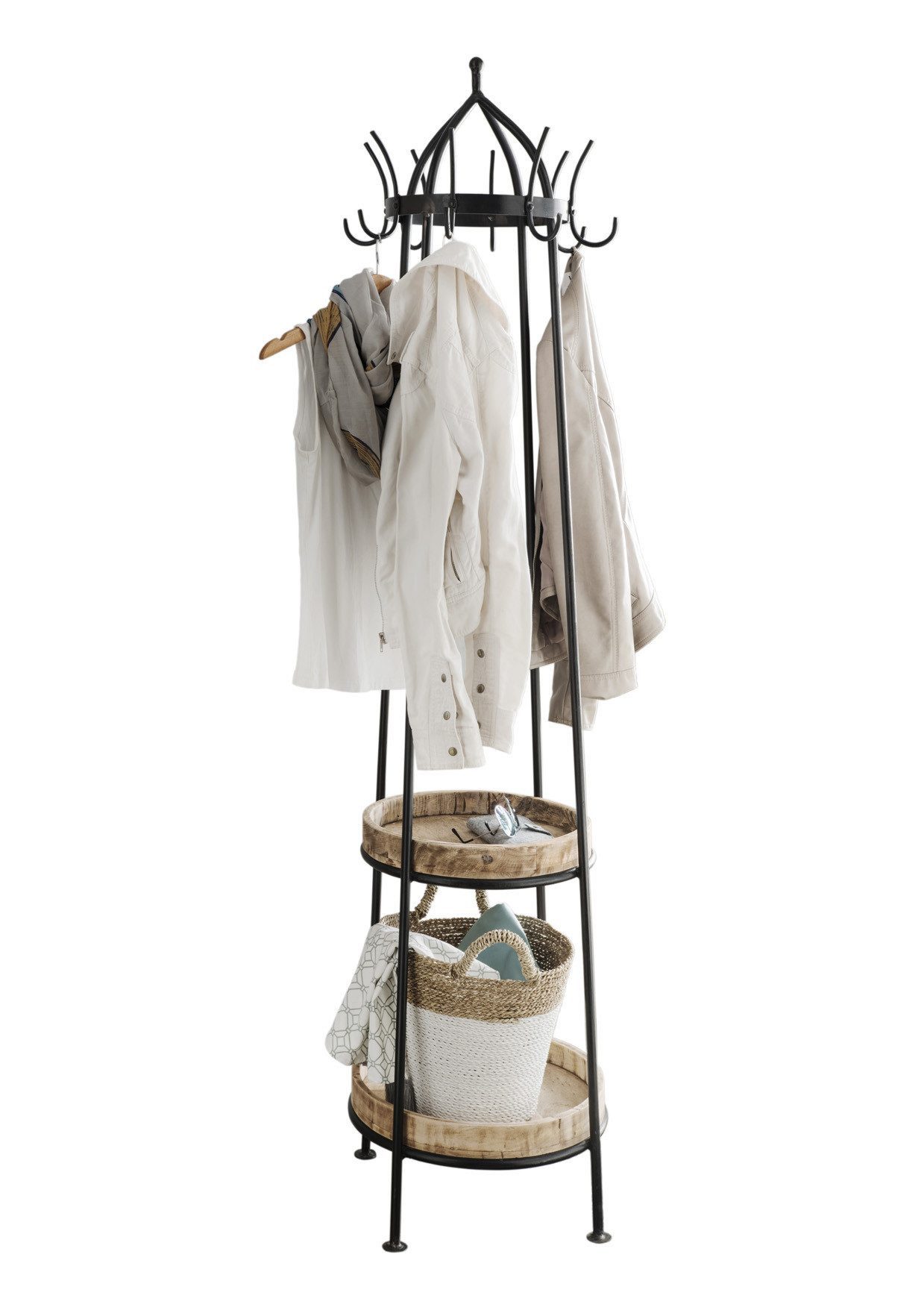 More2Home Garderobenständer HANG, Metall vintage schwarz, mit 2 Mangoholzablagen