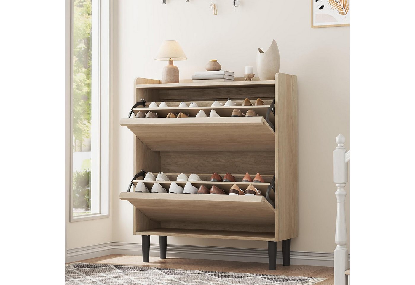 GarveeMore Schuhschrank aus Holz mit 2 Klappschubladen und verstellbarem Regal Schuhregal,Schuhkipper für Flur,Wohnzimmer,88x27x95.5cm