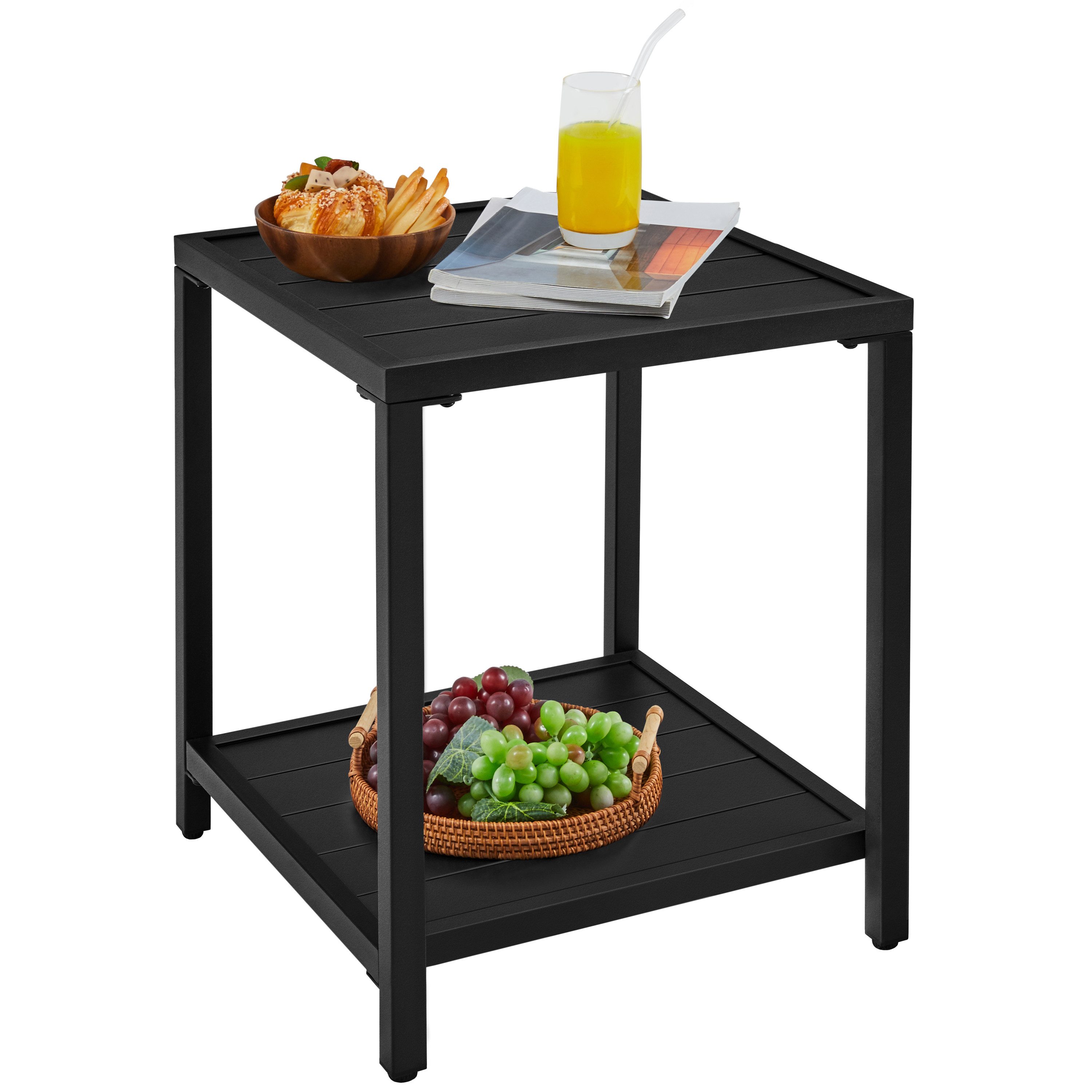 Yaheetech Gartentisch Doppelschichtiger Beistelltisch aus Pulverbeschichtetem Metall, Balkontisch Beistelltisch aus Latten Quadratischer Kaffeetisch