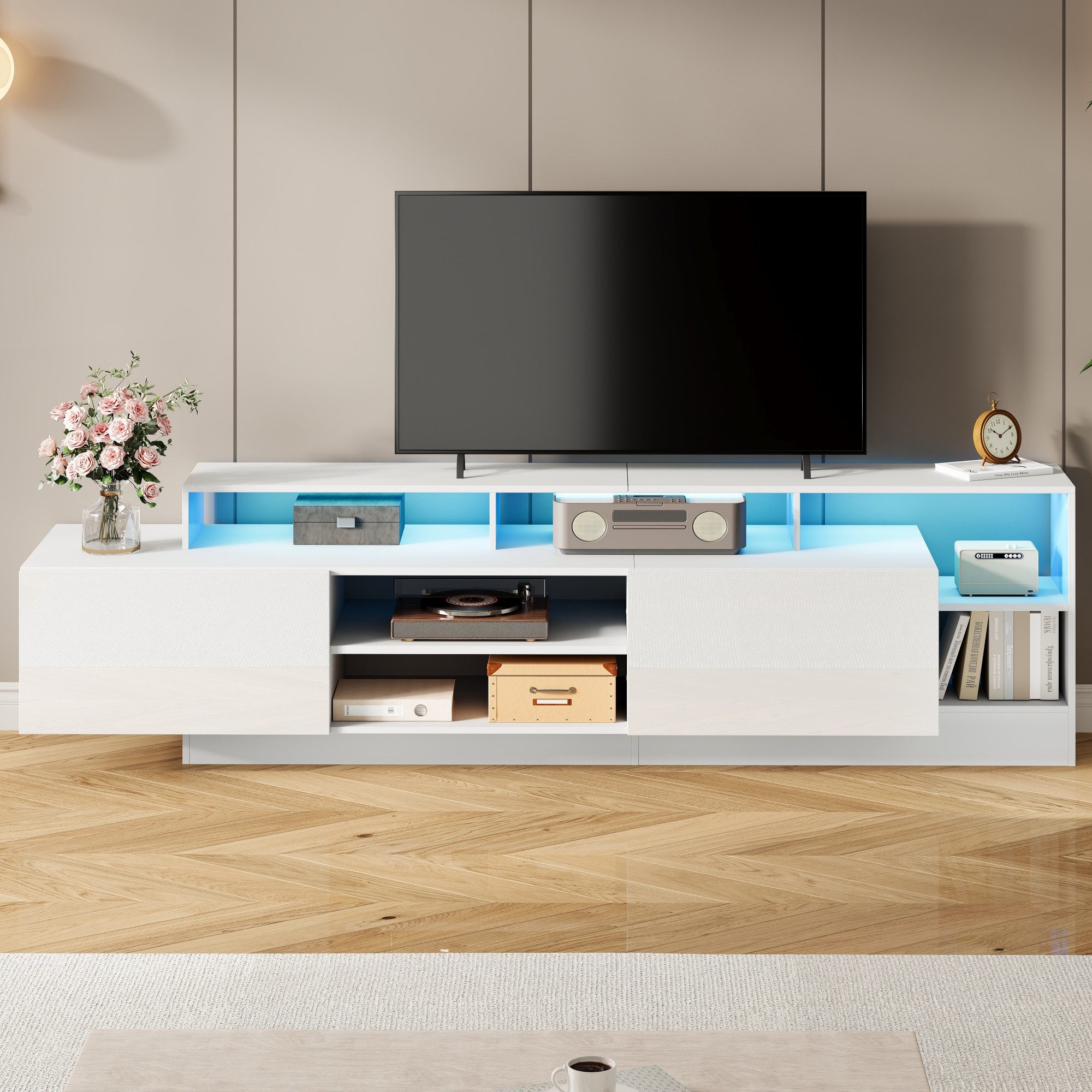 Merax Lowboard hochglanz Fernsehschrank mit LED-Beleuchtung (1 St), TV-Schrank mit 2 Klapptüren, Staufächern & Stauraum, 190×40×48,5cm