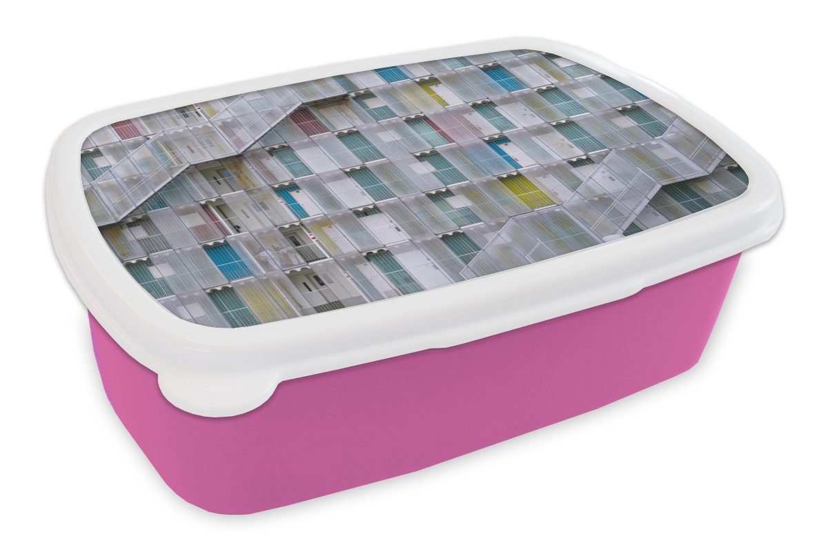 MuchoWow Lunchbox Wohnungen - Türen - Architektur - Treppe, Kunststoff, (2-tlg), Brotbox für Erwachsene, Brotdose Kinder, Snackbox, Mädchen, Kunststoff rosa