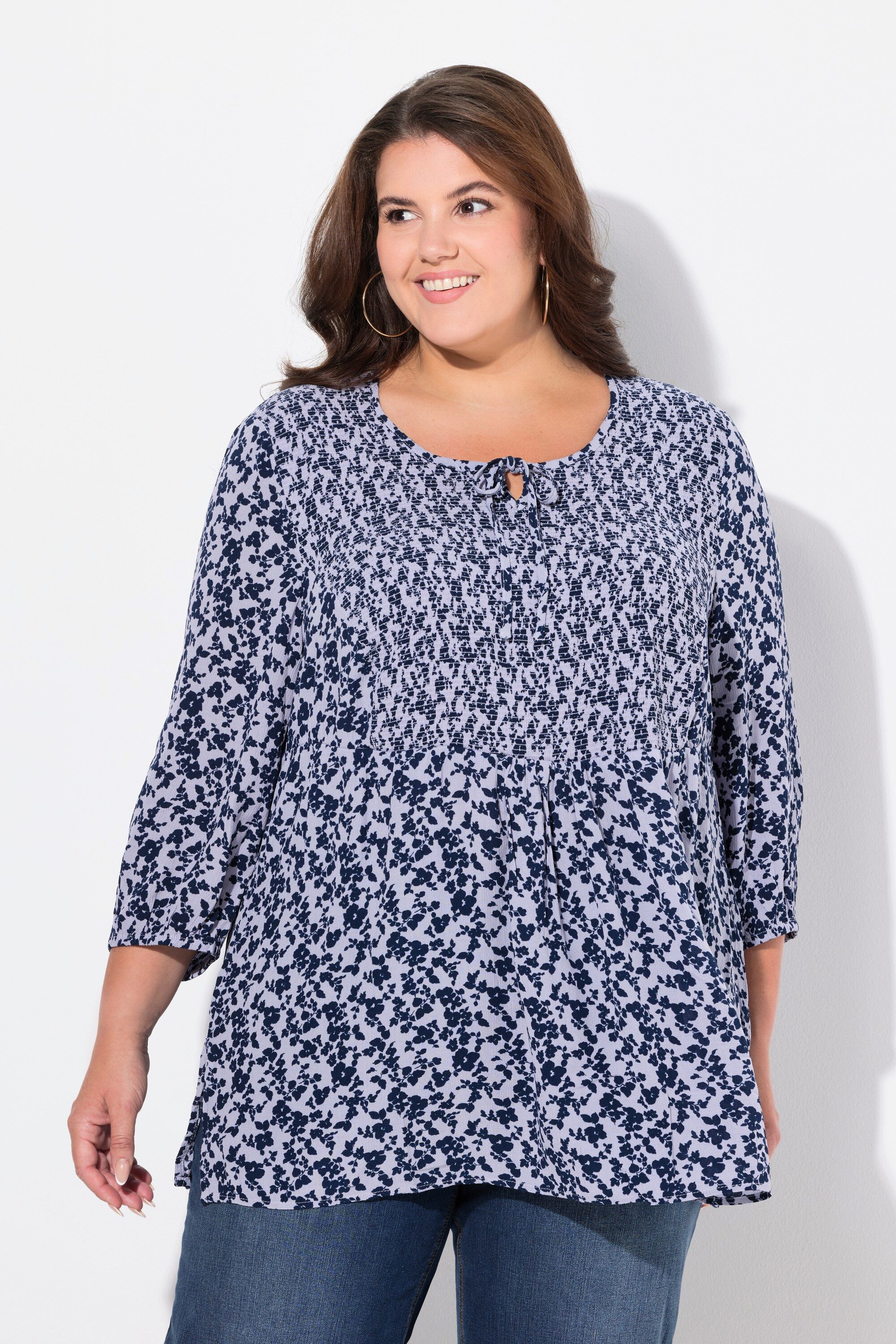 Ulla Popken Tunika Smokbluse Blüten A-Linie Rundhals 3/4-Arm