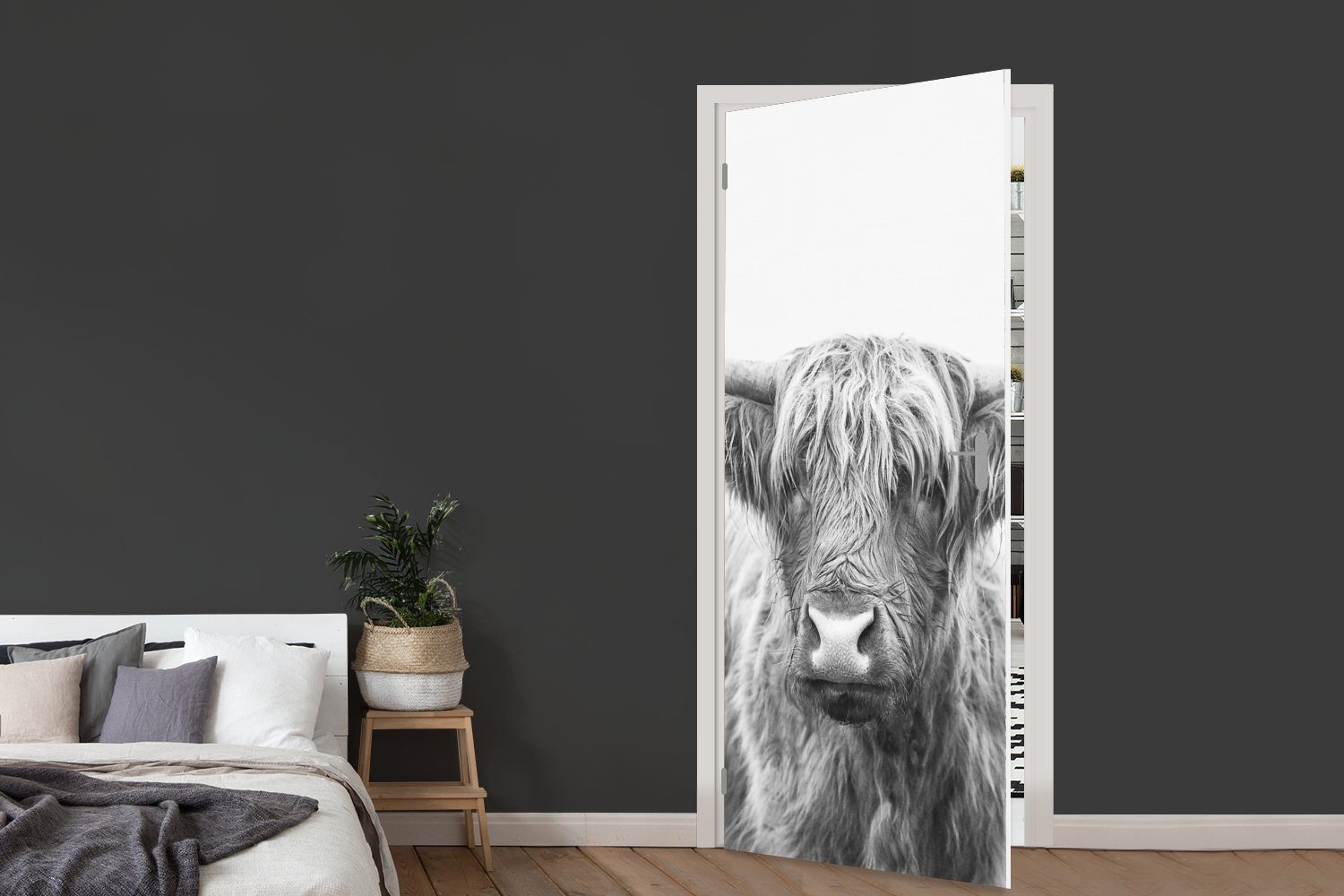 Matt, bedruckt, Hörner Schottischer 75x205 Schwarz Tür, Fototapete Highlander weiß, für Türaufkleber, St), und Türtapete (1 - - - MuchoWow cm Tiere