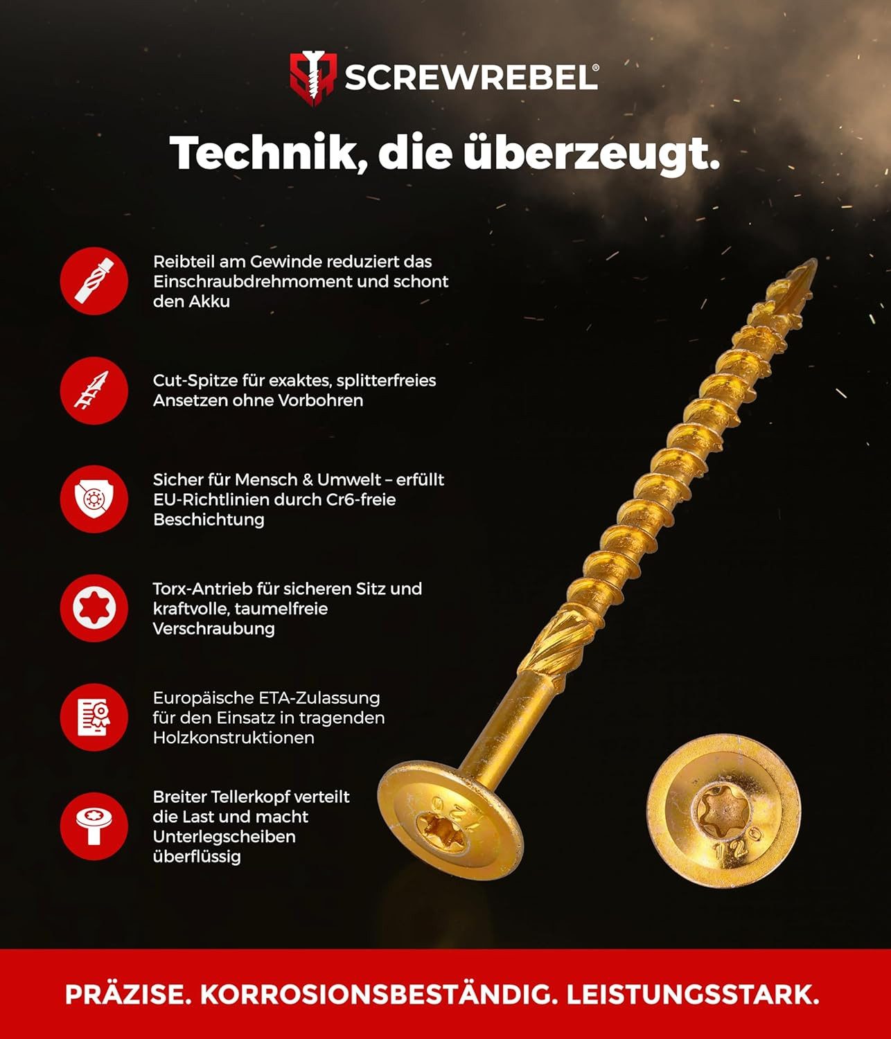 SCREWREBEL Holzbauschraube Tellerkopfschraube gelb verzinkt mit ETA-Zulassung, (100 St), ETA Zulassung, Tellerkopf für hohe Klemmkraft, TX Antrieb, verzinkt