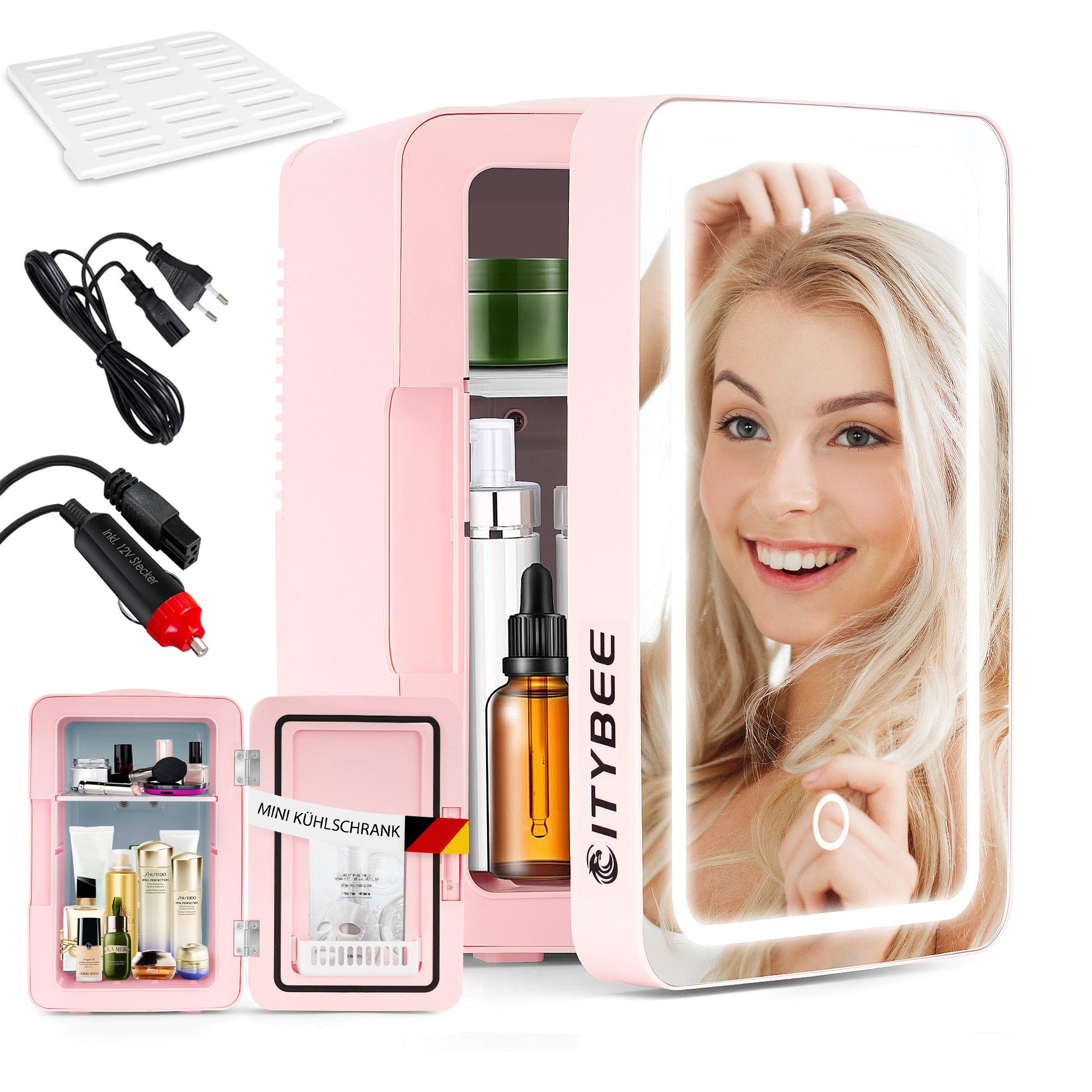 Nettlife Kühlbox Mini Kühlschrank 6L Klein Skincare Kühlschrank 12V 230V mit Spiegel, mit Spiegel&LED-Beleuchtung für Kosmetik Schönheitspflege