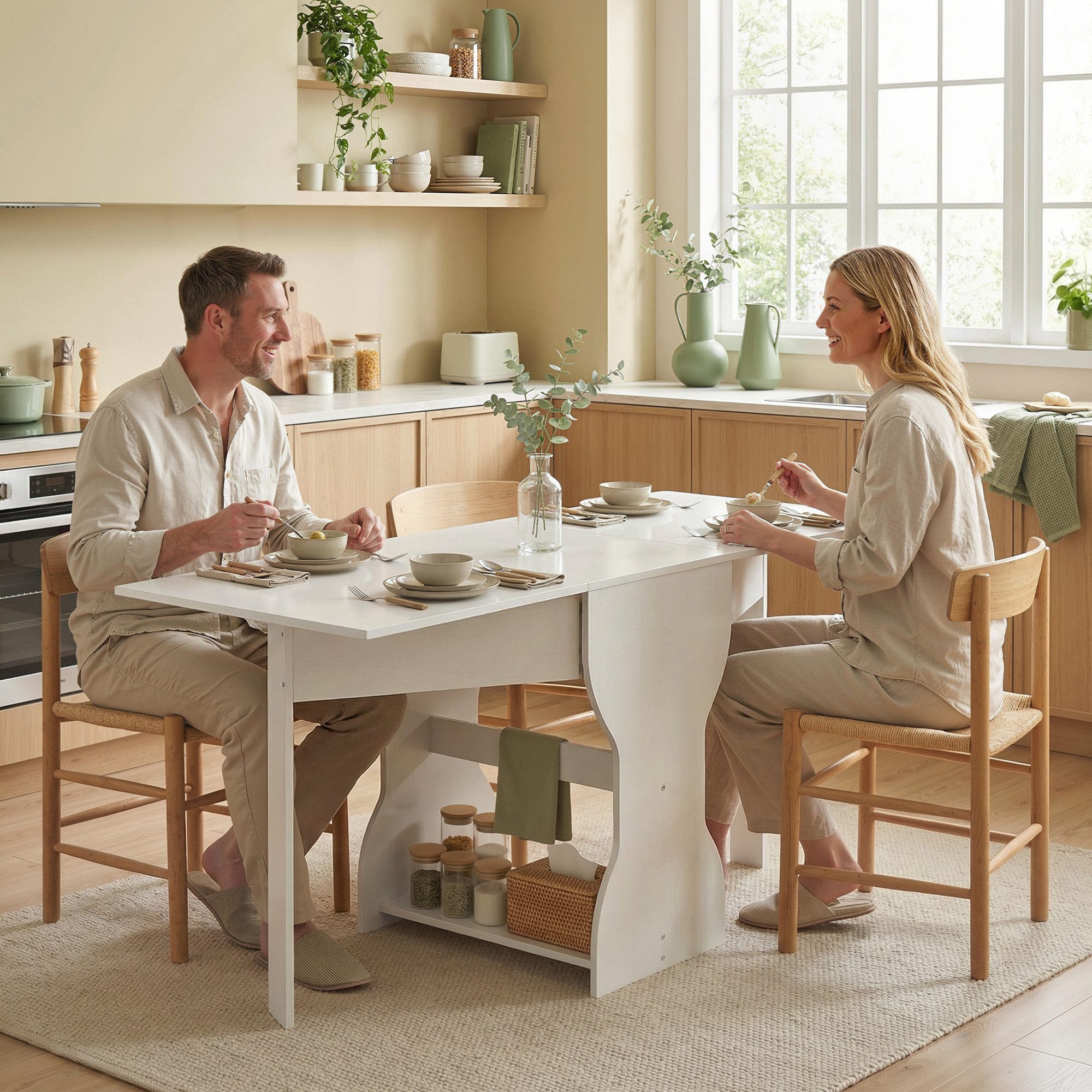 HOMCOM Klapptisch Esszimmertisch mit Stauraum für 2-4 Personen (Küchentisch, 1-St., Esstisch Klappbar), für Kleine Räume, Esszimmer, Küche, 160 x 60 x 75 cm, Weiß