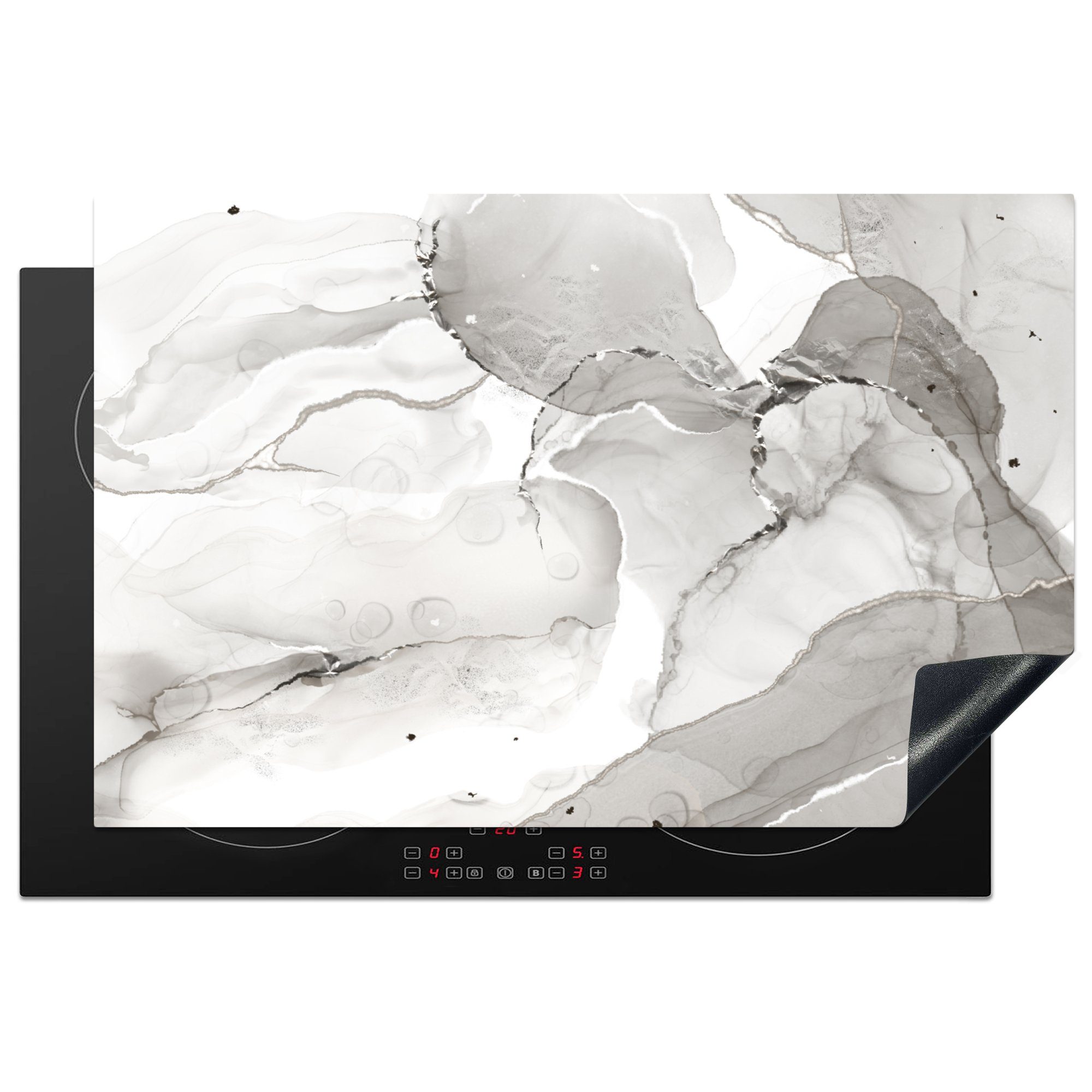 Marmor küche, (1 Ceranfeldabdeckung - Schutz Herdblende-/Abdeckplatte MuchoWow 81x52 Weiß, Schwarz die Vinyl, für tlg), cm, - Induktionskochfeld
