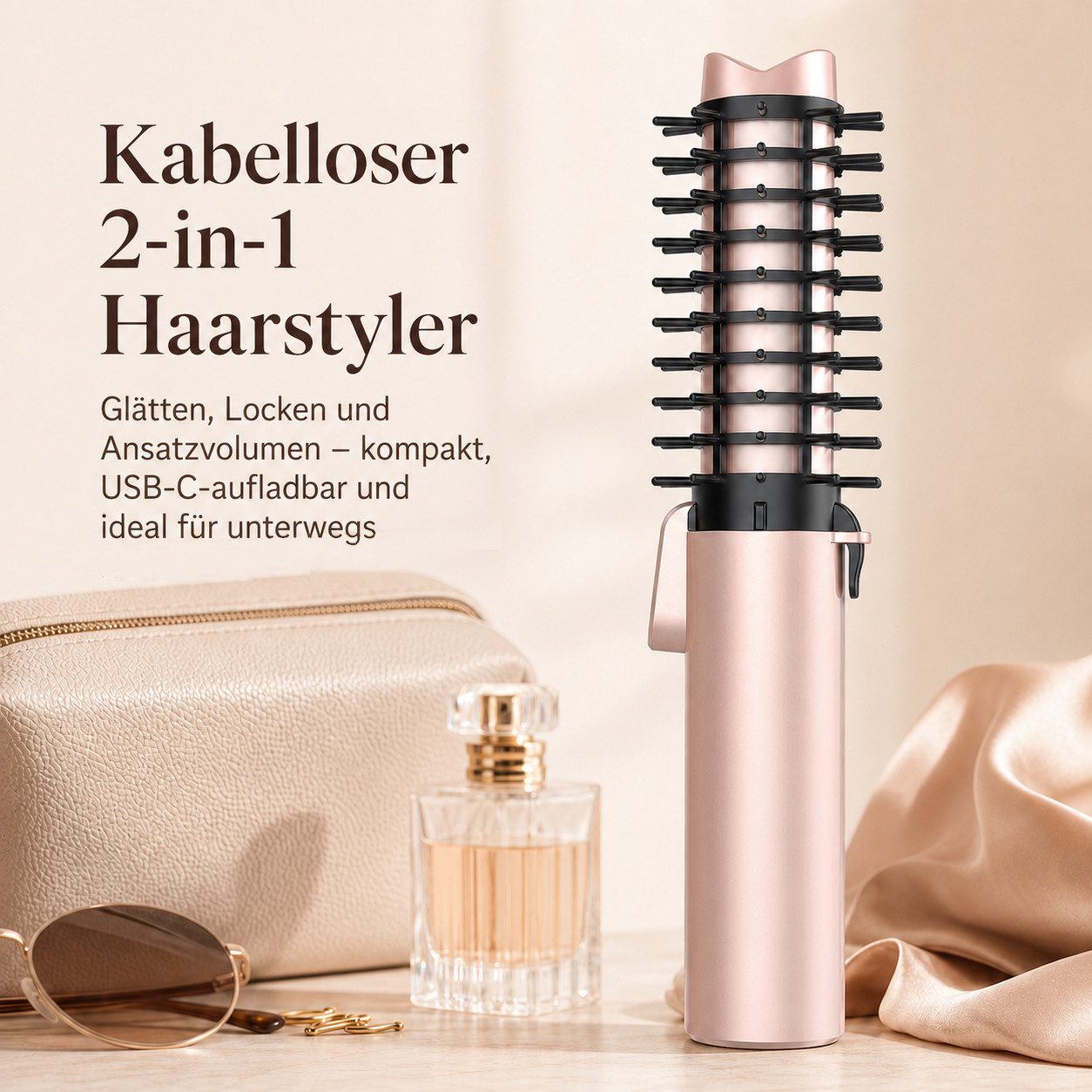 Futicare Lockenstab kabellos, multifunktionaler Haarstyler & Mini-Lockenbürste, 7000-mAh-Akku, USB-C-aufladbar, negative Ionen, 4 Temperaturstufen 160–220 °C, ideal für Reisen, Nude-Rosé