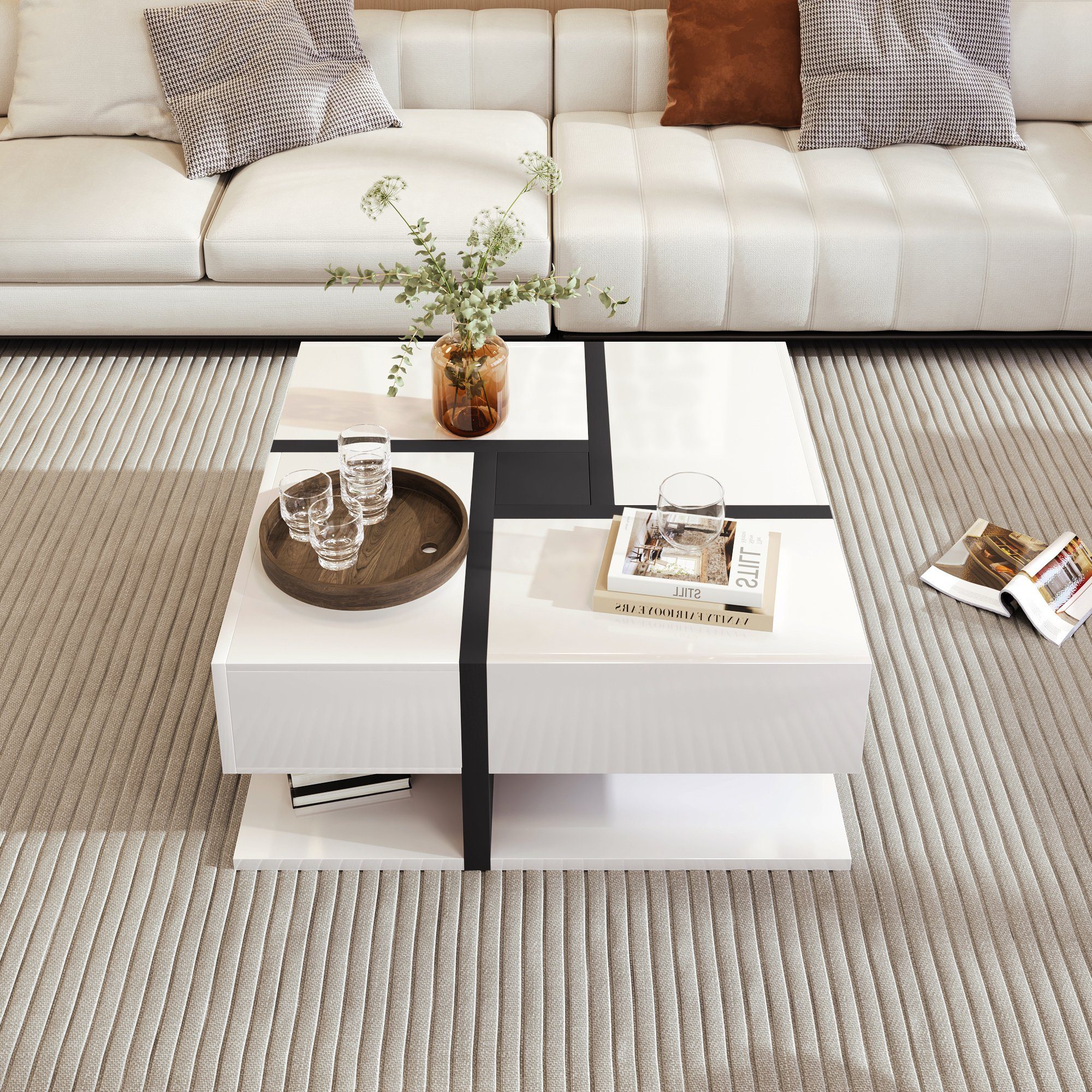 Merax Couchtisch mit versteckten Schubladen, Beistelltisch mit geometrische Design (1-St., 1 Tisch), Wohnzimmetisch mit Holzmaserung in eichefarbe, B/H/T: 78/36 – Bild 3 von 5