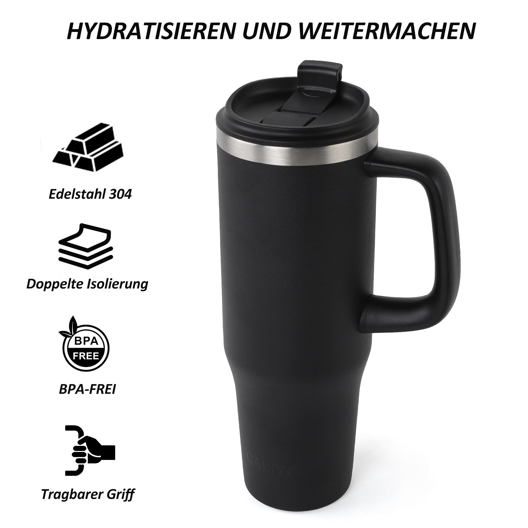 CALIYO Thermobecher Edelstahl Autobecher BPA frei mit Strohhalm und Deckel 1.2L, Spülmaschinenfest Langanhaltend kühl / warm für Sport, Reisen