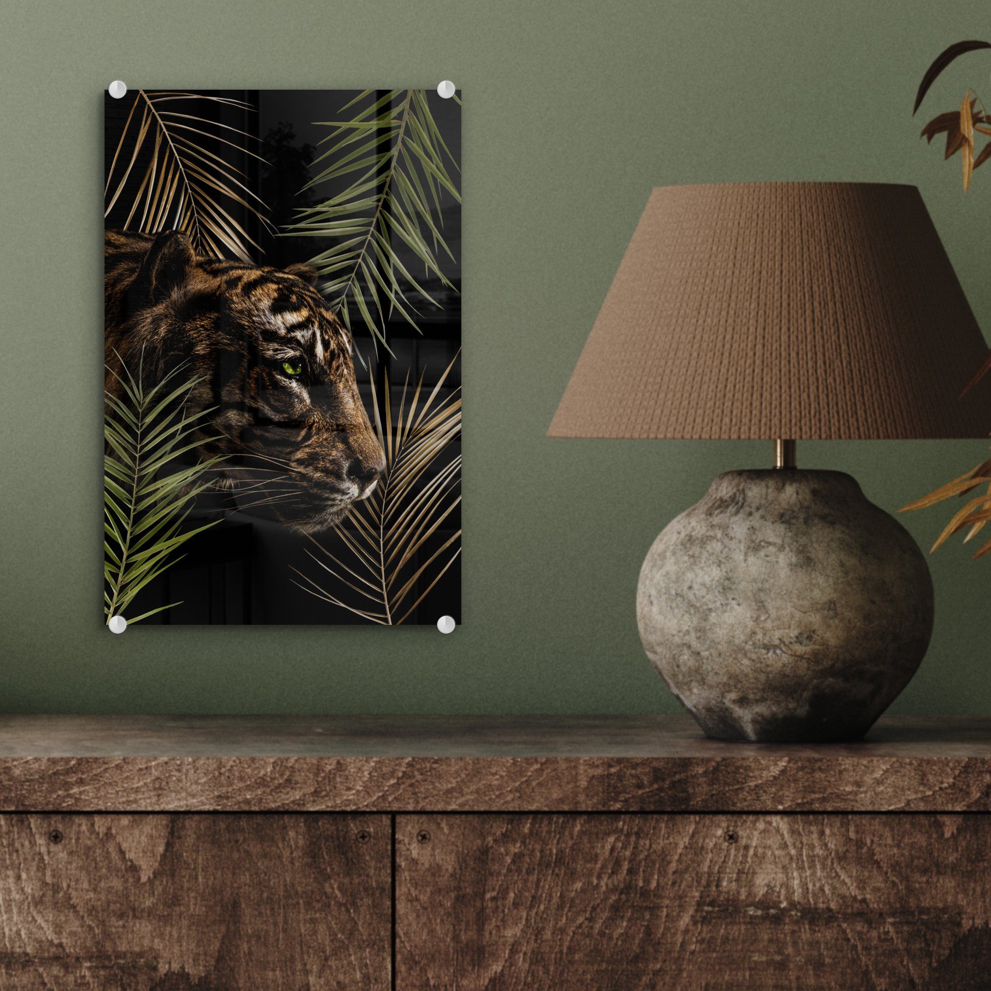 St), MuchoWow auf - Glas Glas - (1 Tiger Foto bunt Wanddekoration auf Wandbild - - Bilder Glasbilder Palme, - Pflanzen Acrylglasbild