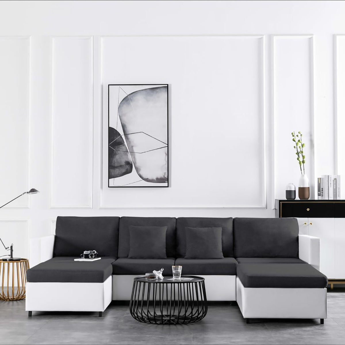 DOTMALL Big-Sofa Ausziehbares 4-Sitzer-Schlafsofa aus Weiß Kunstleder in