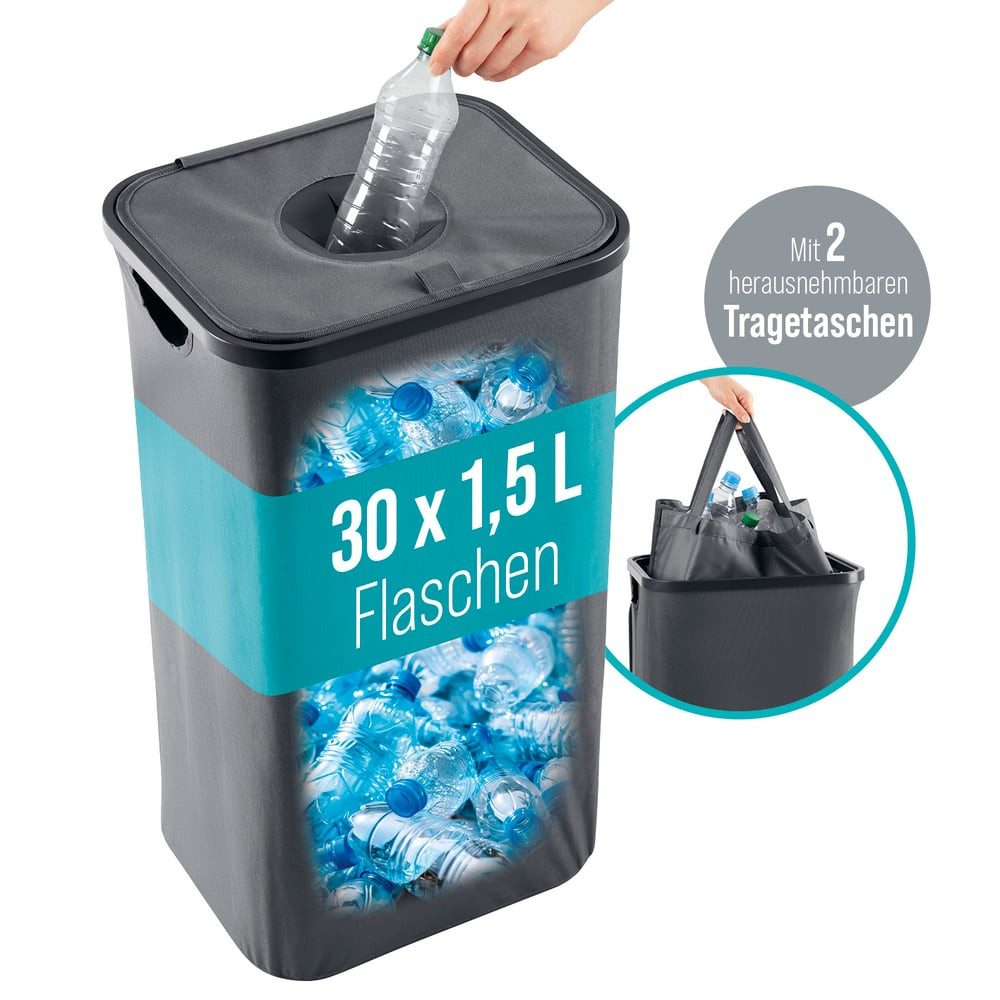 WELLENBORG Flaschensammler Pfandflaschen-Sammelbehälter mit Deckel 100L, Anthrazit, Inklusive 2 Tragetaschen & Klettverschluss, Leergutbehälter