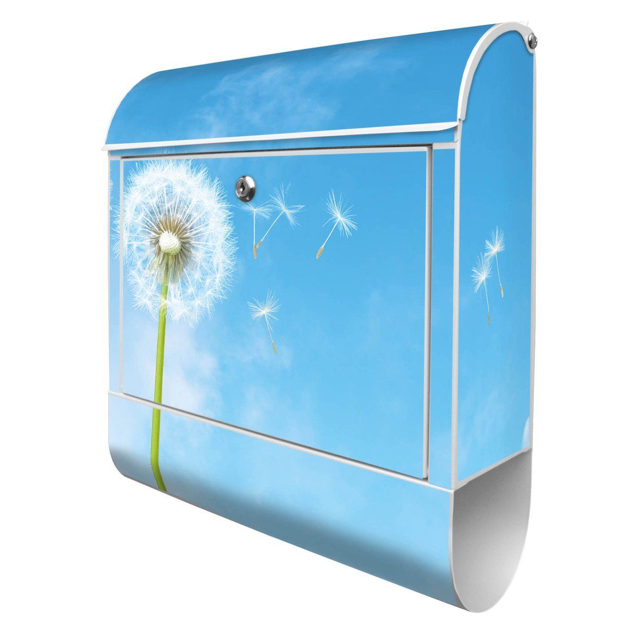 banjado Wandbriefkasten Stahl Dandelion (Wandbriefkasten witterungsbeständig, pulverbeschichtet, mit Zeitungsfach), 39 x 47 x 14cm weiß