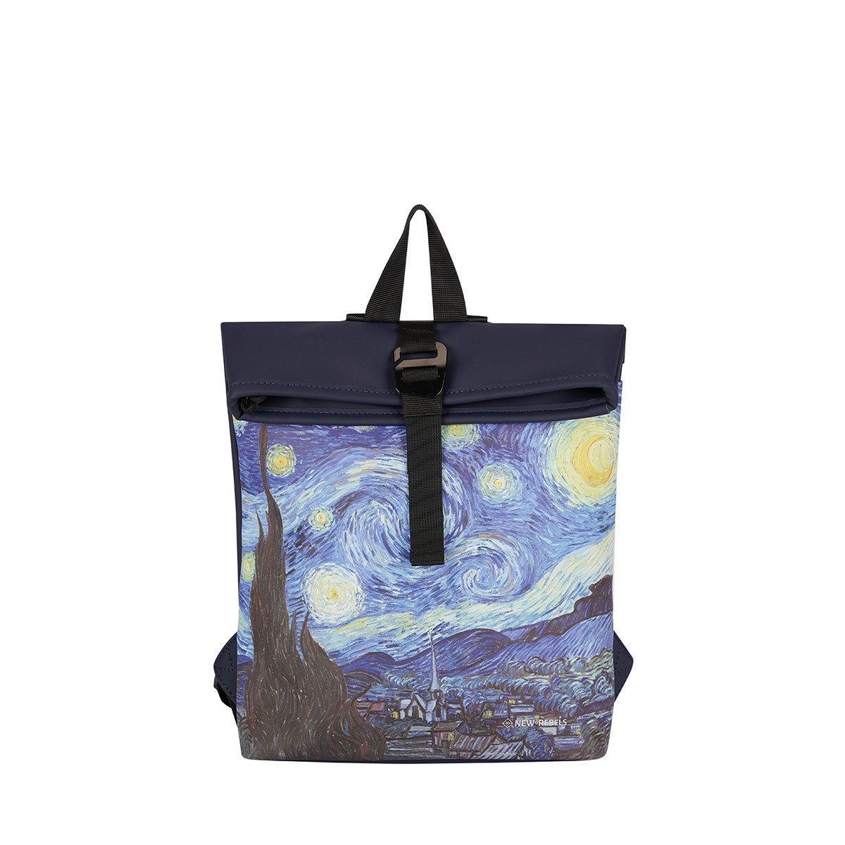 NEW REBELS Cityrucksack kleiner Roll Up RollTop Kurier Rucksack Los Angeles starry night, wunderschönes Sternennacht Motiv, wasserabweisend