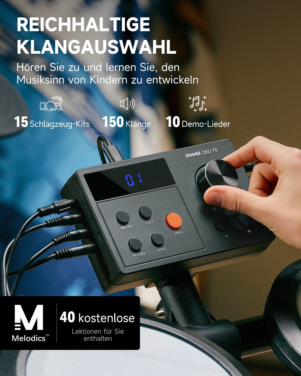 Donner E-Drum Kinder Elektronisches Schlagzeug Set Leises Mesh Pads DED-70,Komplettset, Kopfhörer Sticks Drumhocker, für Anfänger Kinder von 4-14 Jahren mit Kopfhörer 4-14