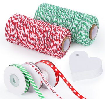 Homewit Christbaumschmuck 200m Bäcker Schnur mit 30m Weihnachtsbänder Baumwolle Bindfäden (2-tlg), Satinband Geschenkband für Weihnachten Geschenkverpackung
