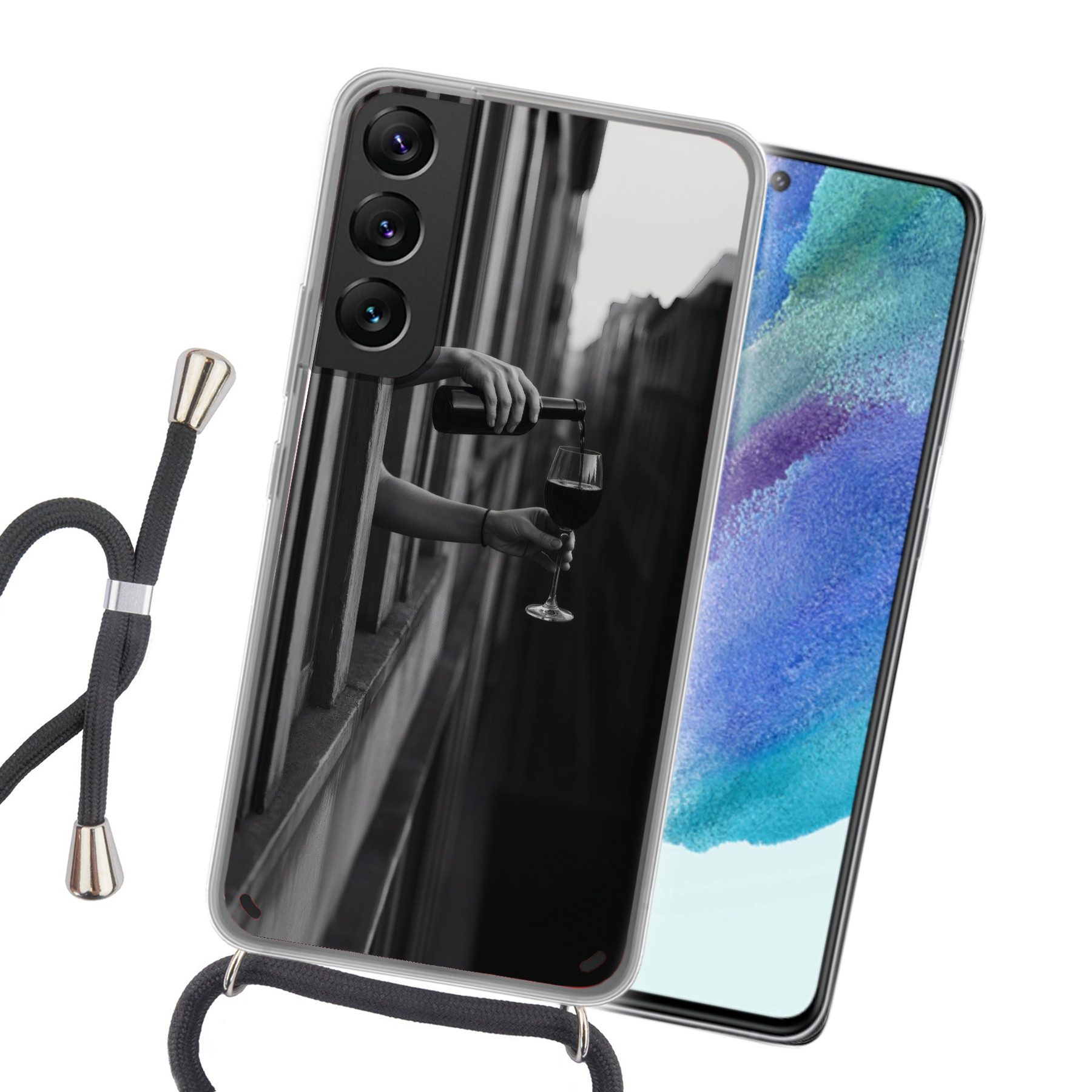 MuchoWow Handyhülle für Samsung Galaxy S22 Weinflasche - Glas - Hände - Fenster, Tragbare Handyhüllen mit Kette zum umhängen, Handykette Handyband