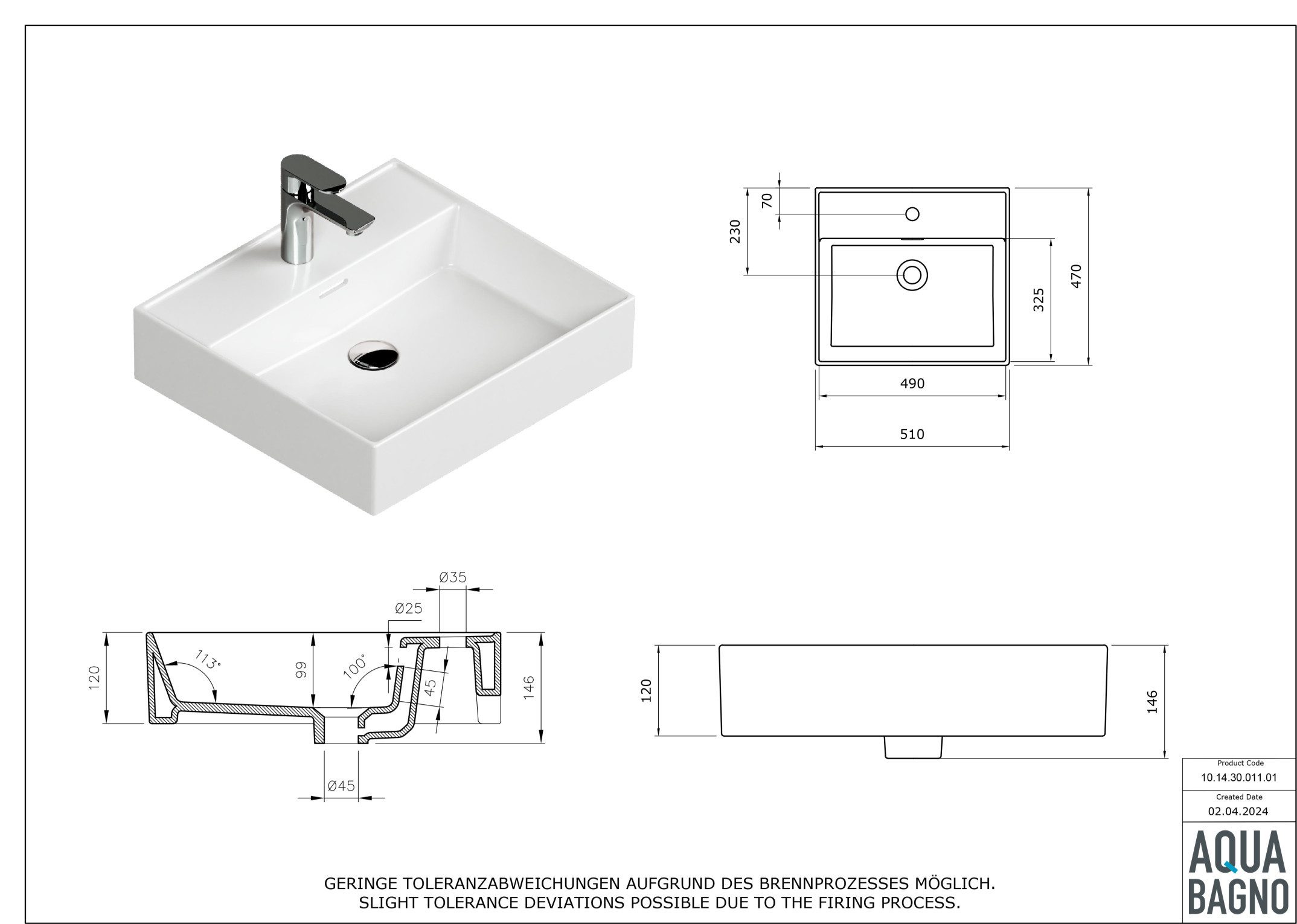 Aqua Bagno Waschbecken Aufsatzwaschbecken wandhängend 50cm weiß Keramik Gästebad