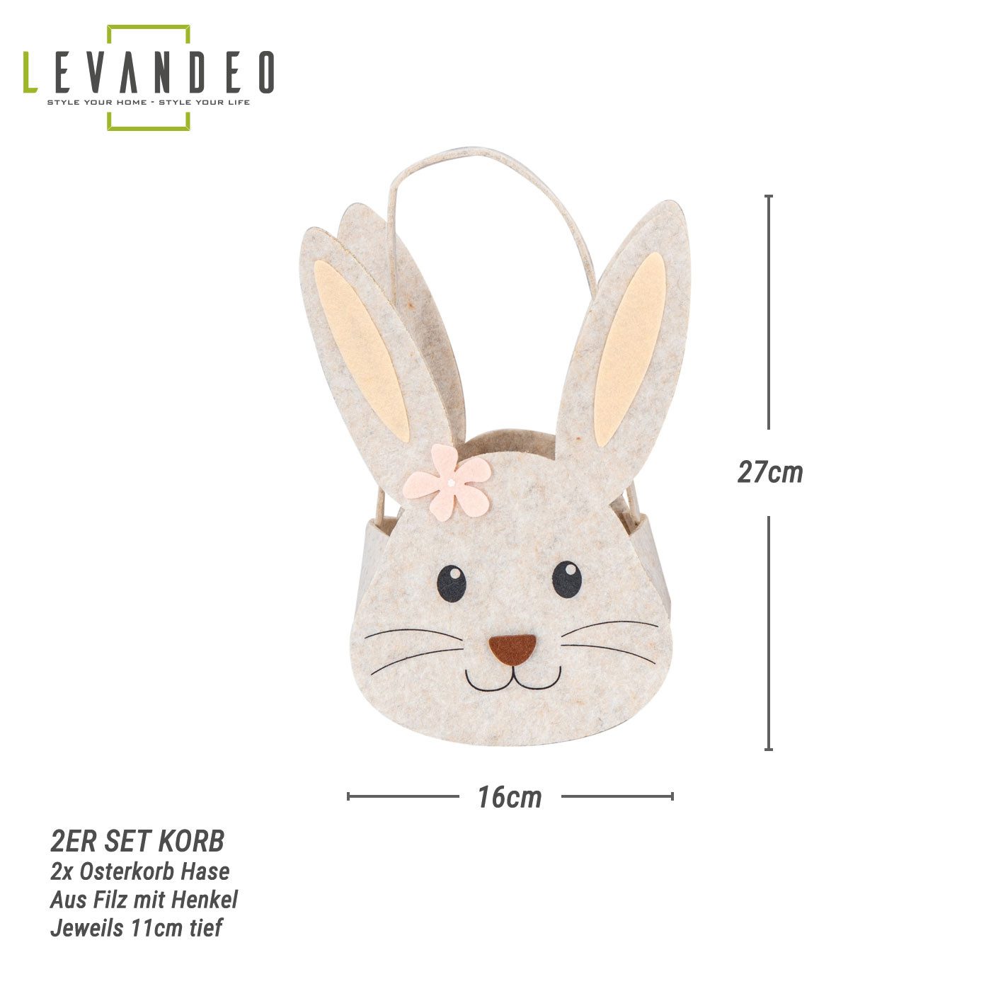 Levandeo® Osternest, 2er Set Hasenkorb Ostern Filz H30cm Grau Osterhase Osterkorb