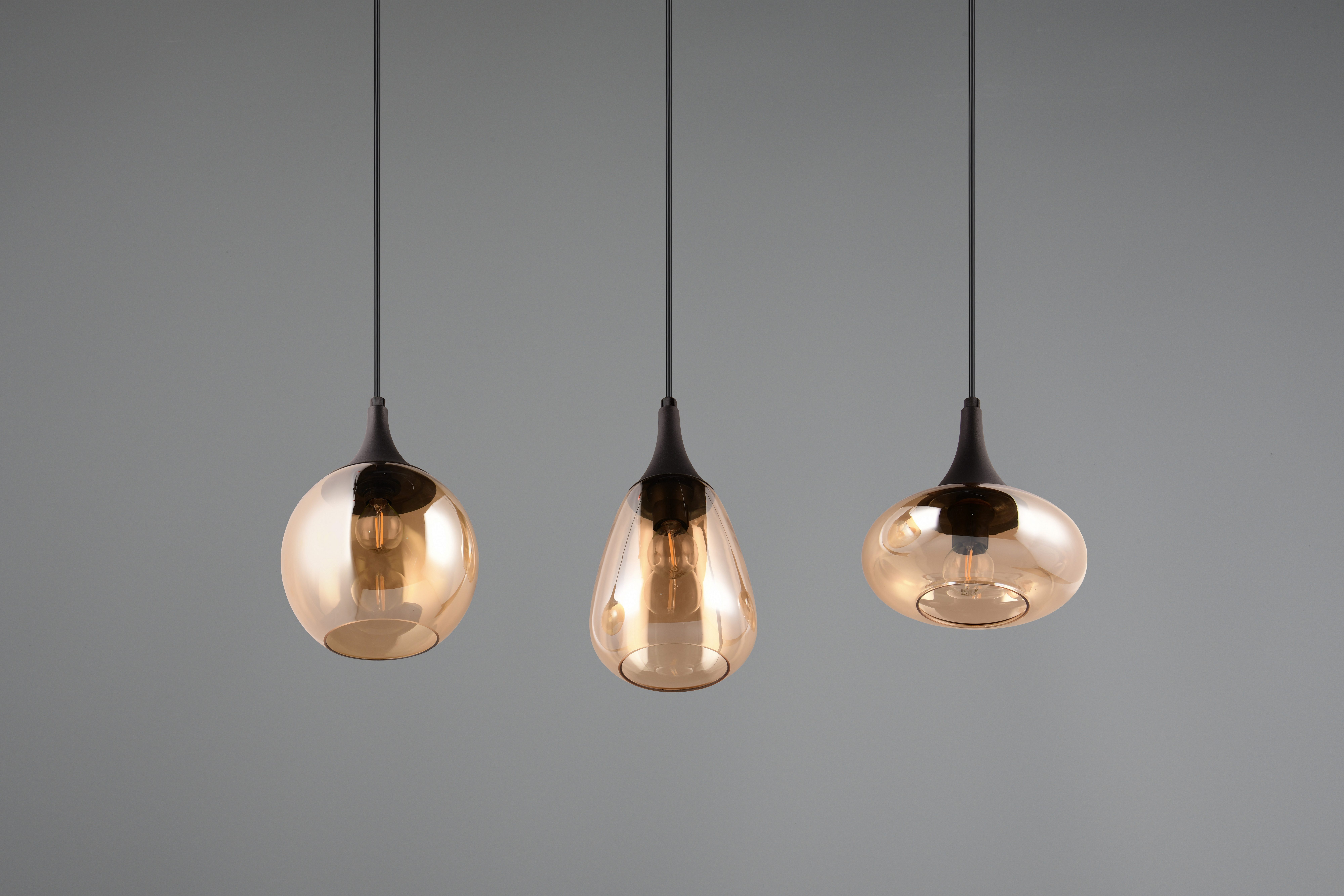 TRIO Leuchten Pendelleuchte Lumina, E14 Hängelampe 3-flammig Glasschirme in 3 Formen amberfarbig, Leuchtmittel wechselbar, warmweiß - kaltweiß, exkl 3x E14 max 40W, Hängeleuchte höhenverstellbar bis max 150 cm