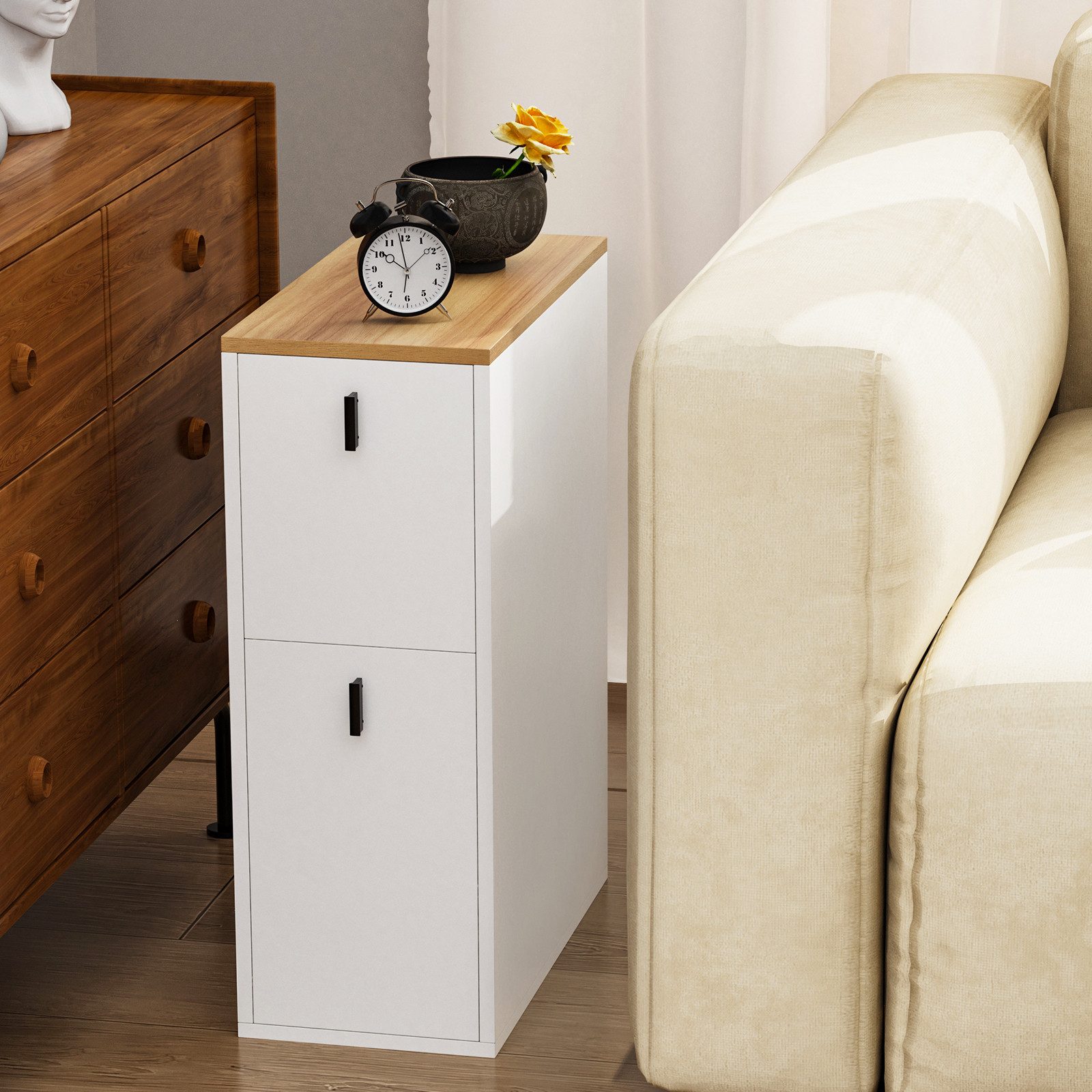 JEOBEST Nachttisch Nachtschrank Beistelltisch mit 2 Schubladen, Schmal, Moderner Nachtkommode für Schlafzimmer 25x50x70cm