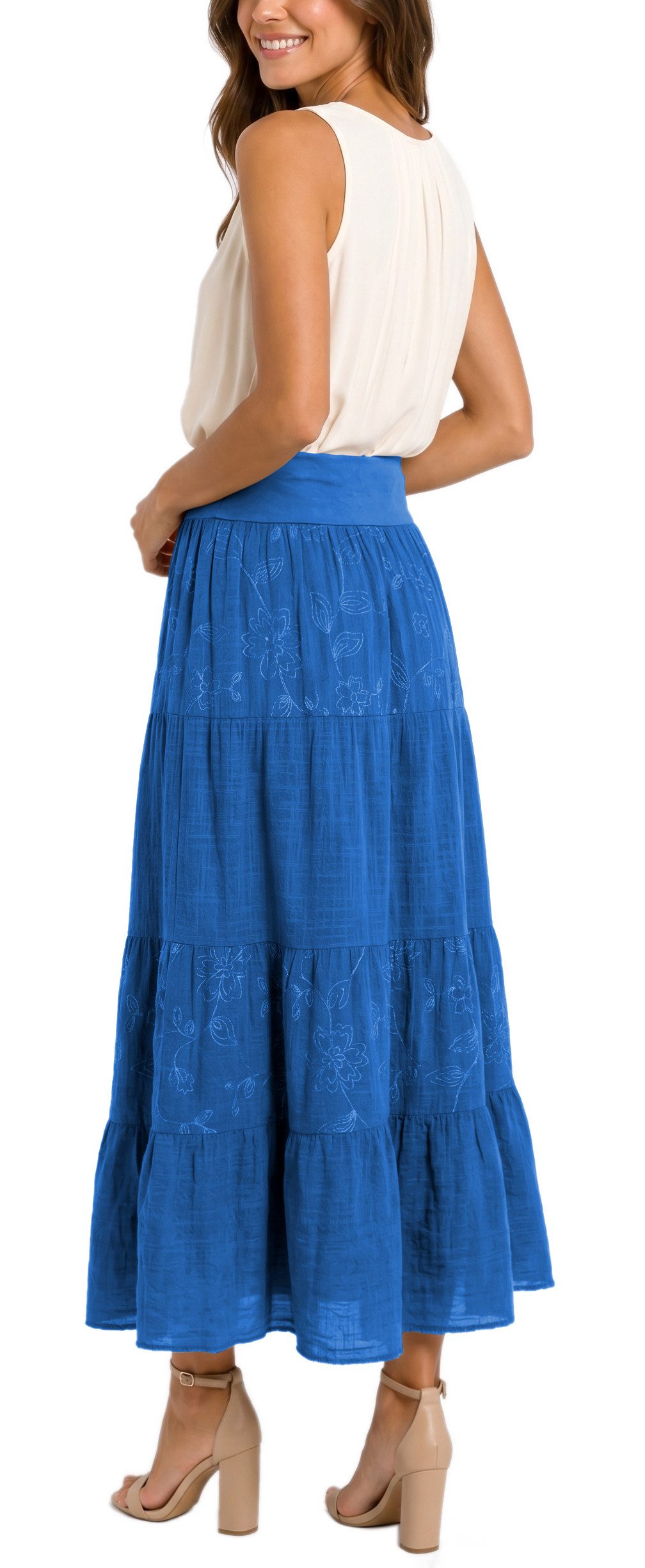 dy_mode Maxirock Damen Maxirock Luftiger Stufenrock Langer Baumwollrock Sommerrock in Unifarbe, mit Gummibund, Blumenstickerei