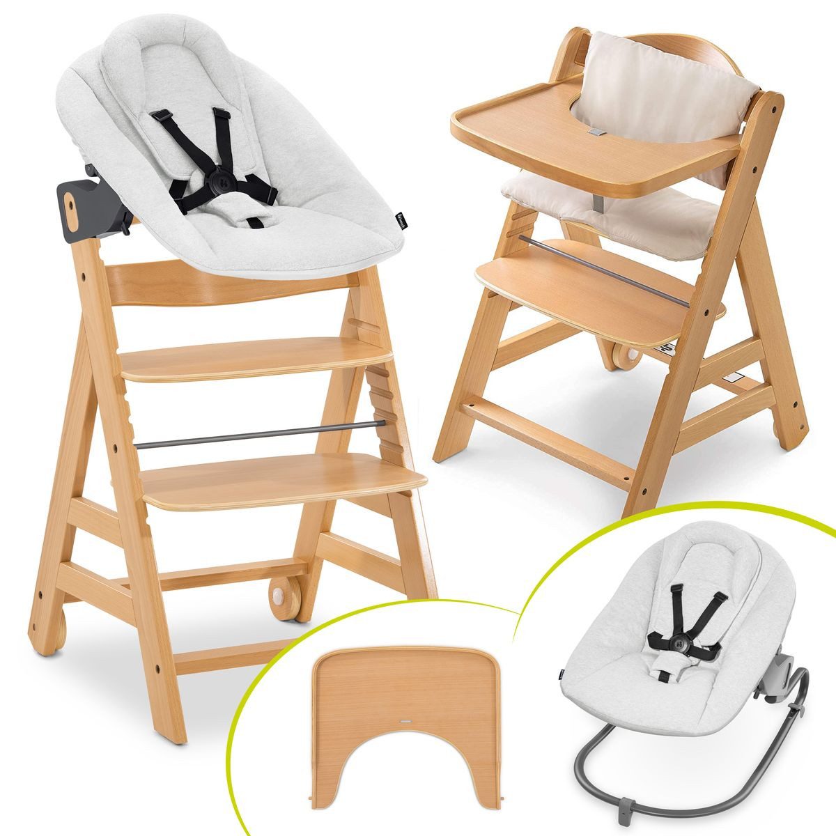 Hauck Hochstuhl Alpha MoveNewborn Set - Natur, Holz Babystuhl ab Geburt mit Neugeborenenaufsatz, Sitzkissen, Essbrett