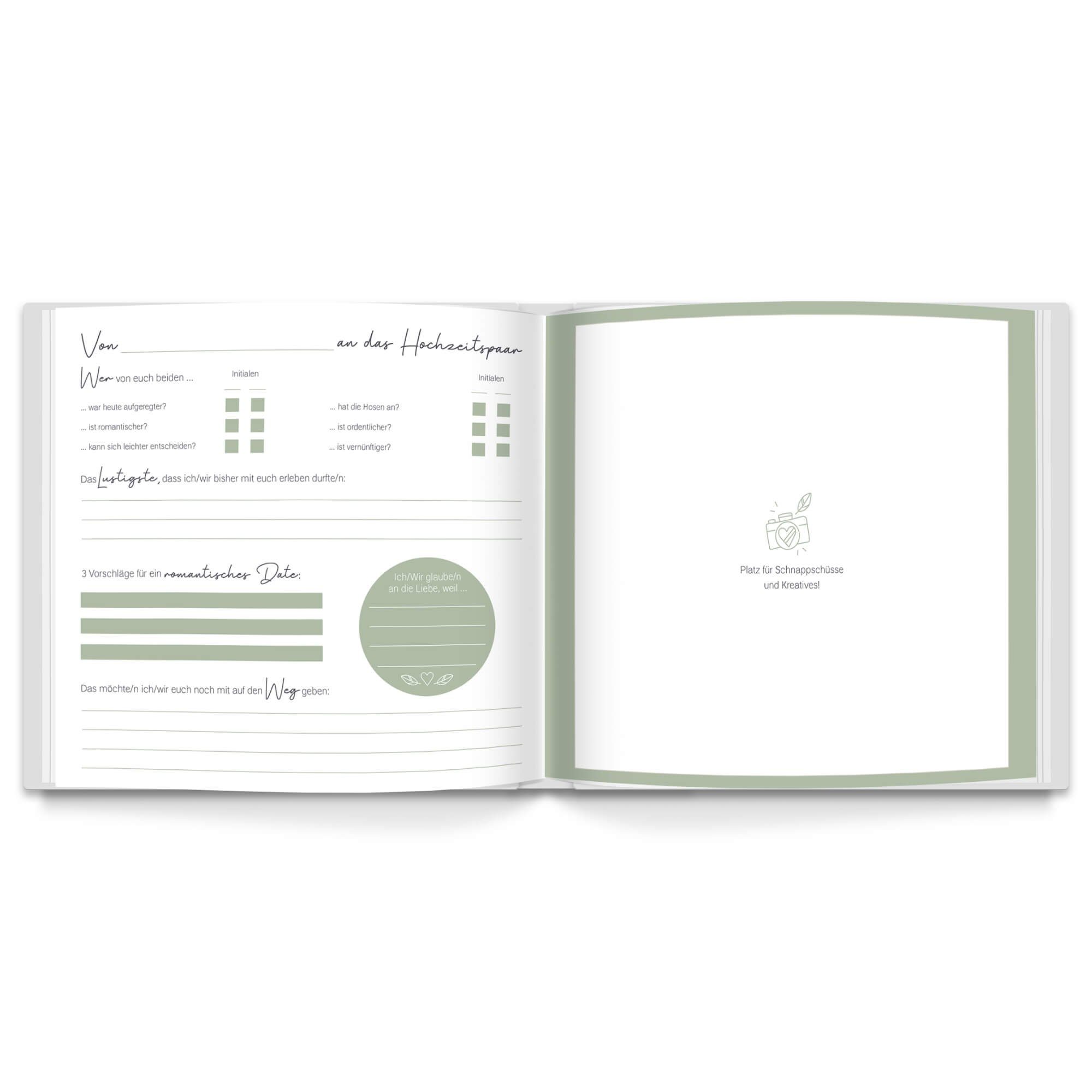 Fragen, Hochzeit, Notizbuch Design, Edles & GOLD mit Greenery zum Gästebuch Hochzeitsgästebuch Gästebuch LEAF