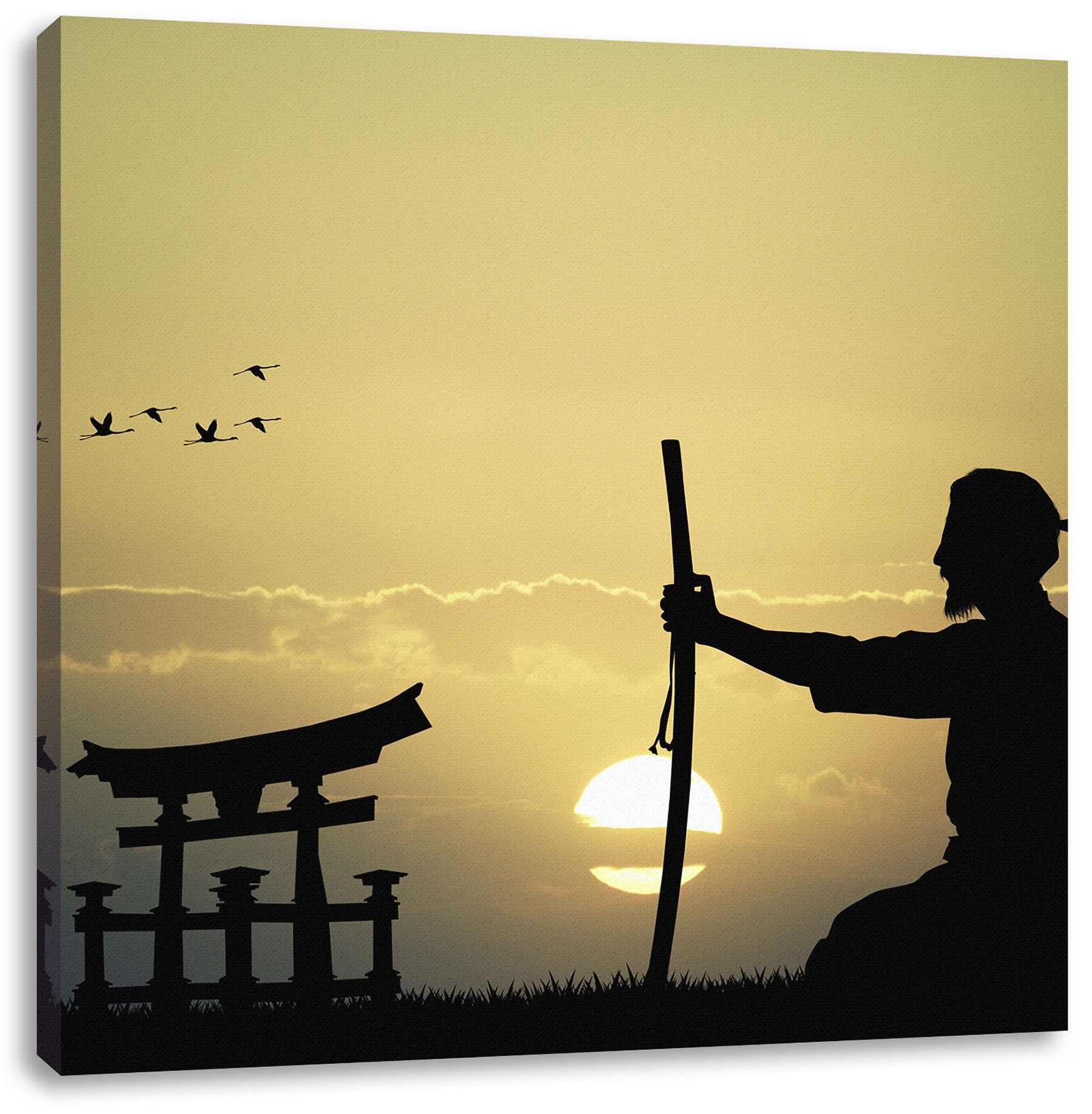 Pixxprint Leinwandbild Samurai-Meister vor Horizont, Samurai-Meister vor Horizont (1 St), Leinwandbild fertig bespannt, inkl. Zackenaufhänger