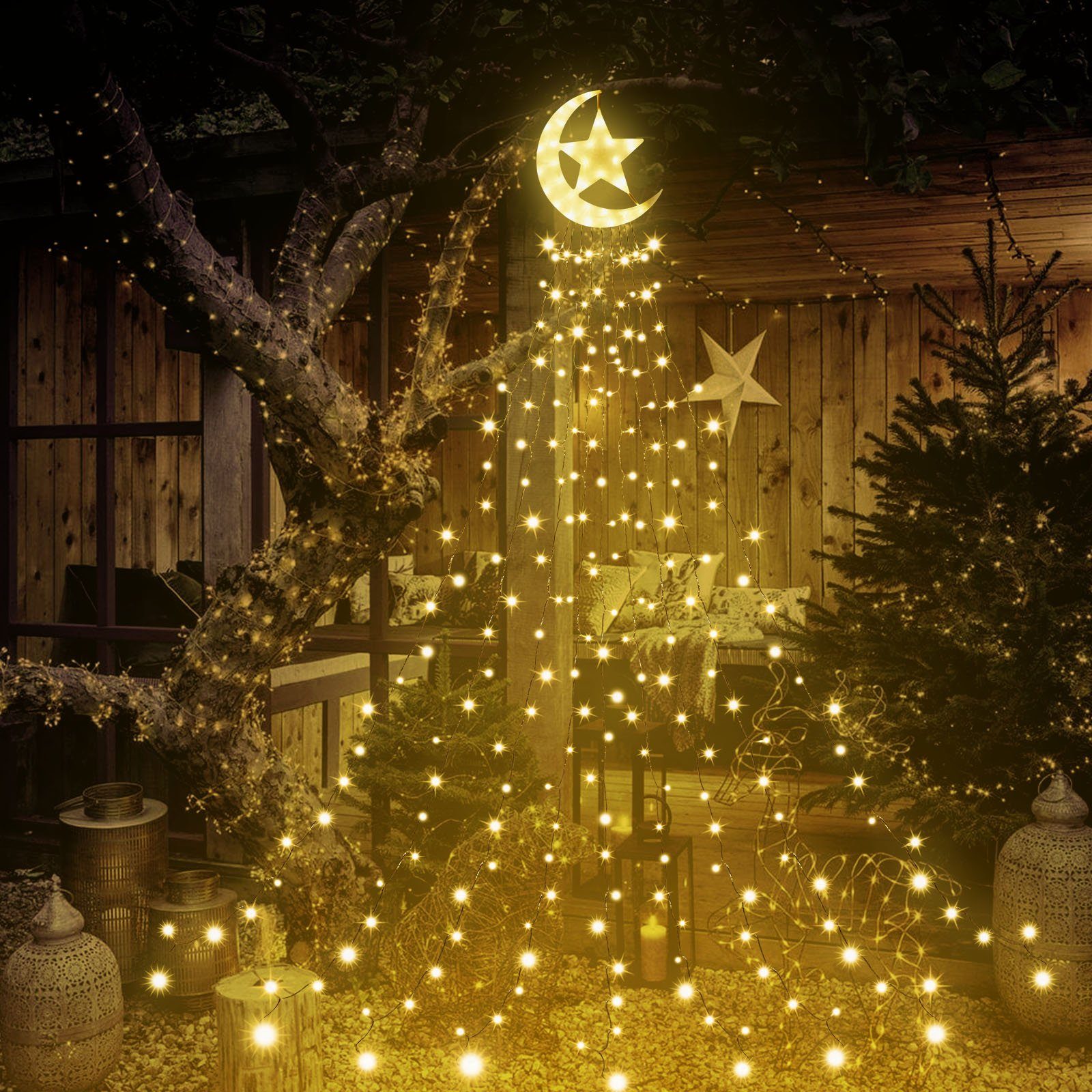 Star,350 Wasserdicht LED-Lichterkette Topper Laybasic Christbaumbeleuchtung,8-Modi,Timer,IP44 Lichterkette mit LEDs, 350-flammig, LED Weihnachtsbaum Moon Warmweiß