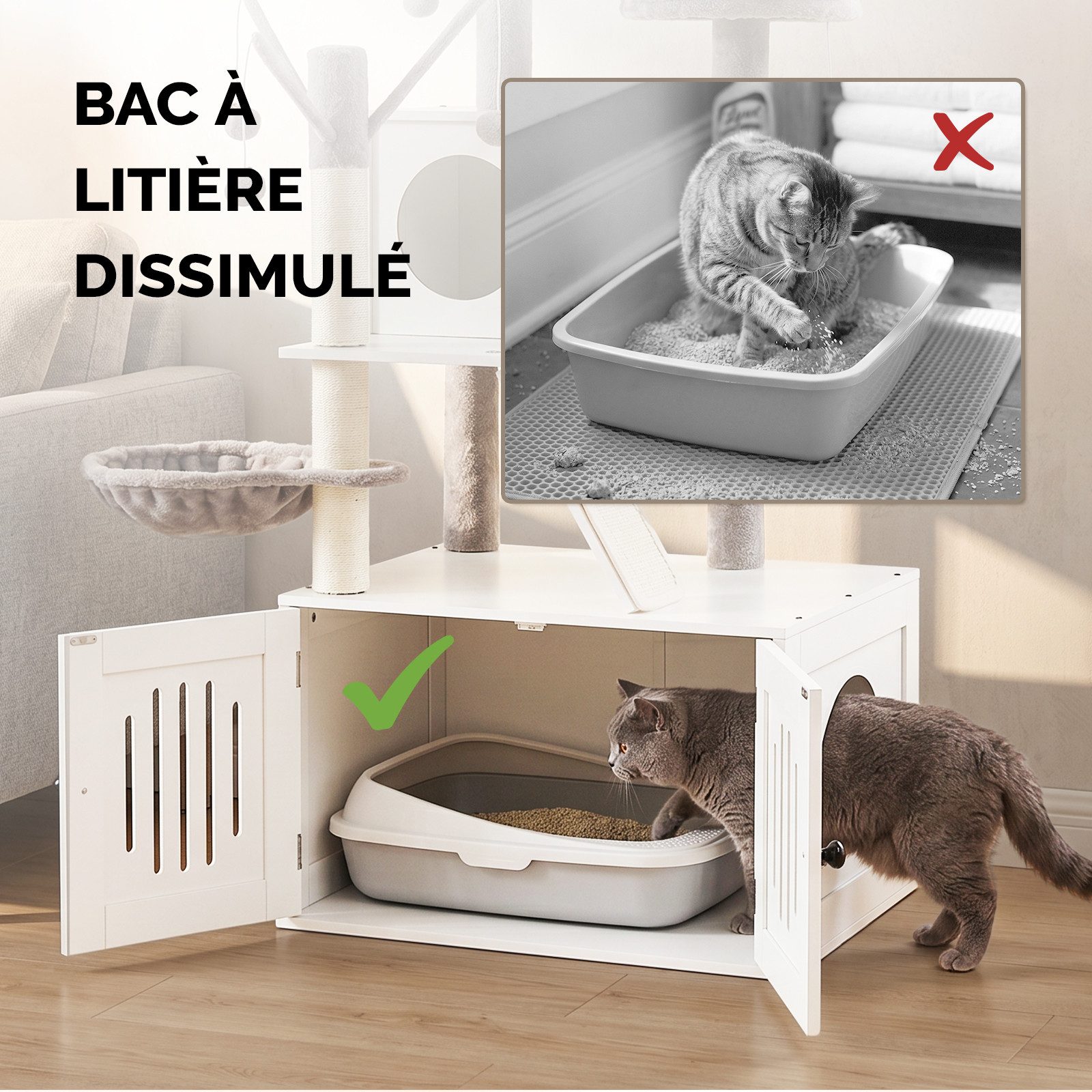 LALAHO Kratzbaum mit Katzenklo Schrank, 134,5 cm hoch, mit Liegemulde, Kratz Stämmen, Plüschbälle
