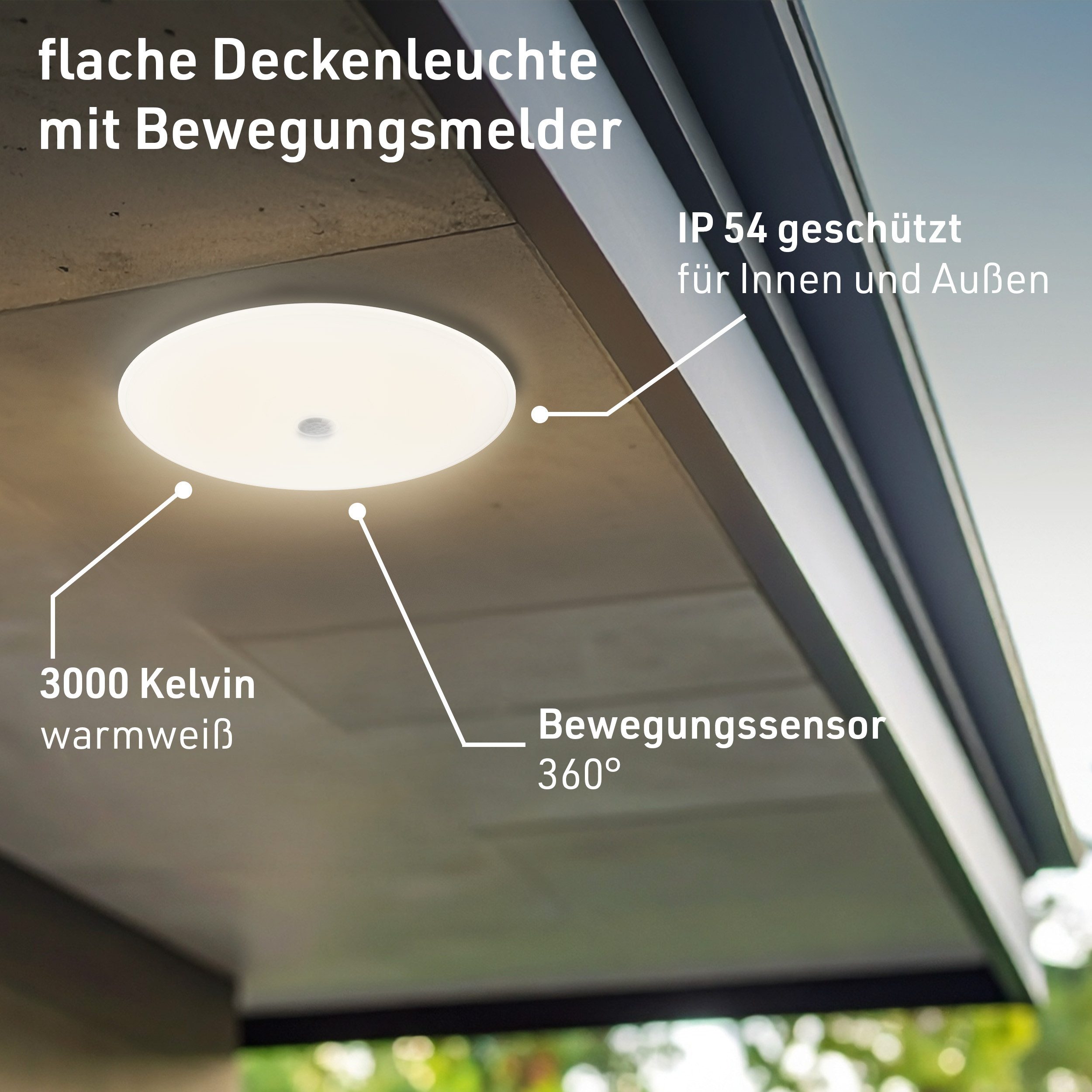 Oktaplex lighting LED Deckenleuchte Orta Deckenampe mit Bewegungsmelder 360 Grad, Bewegungsmelder, inklusive Leuchtmittel, warmweiß, 3000K Leuchte 26cm 1150lm weiß
