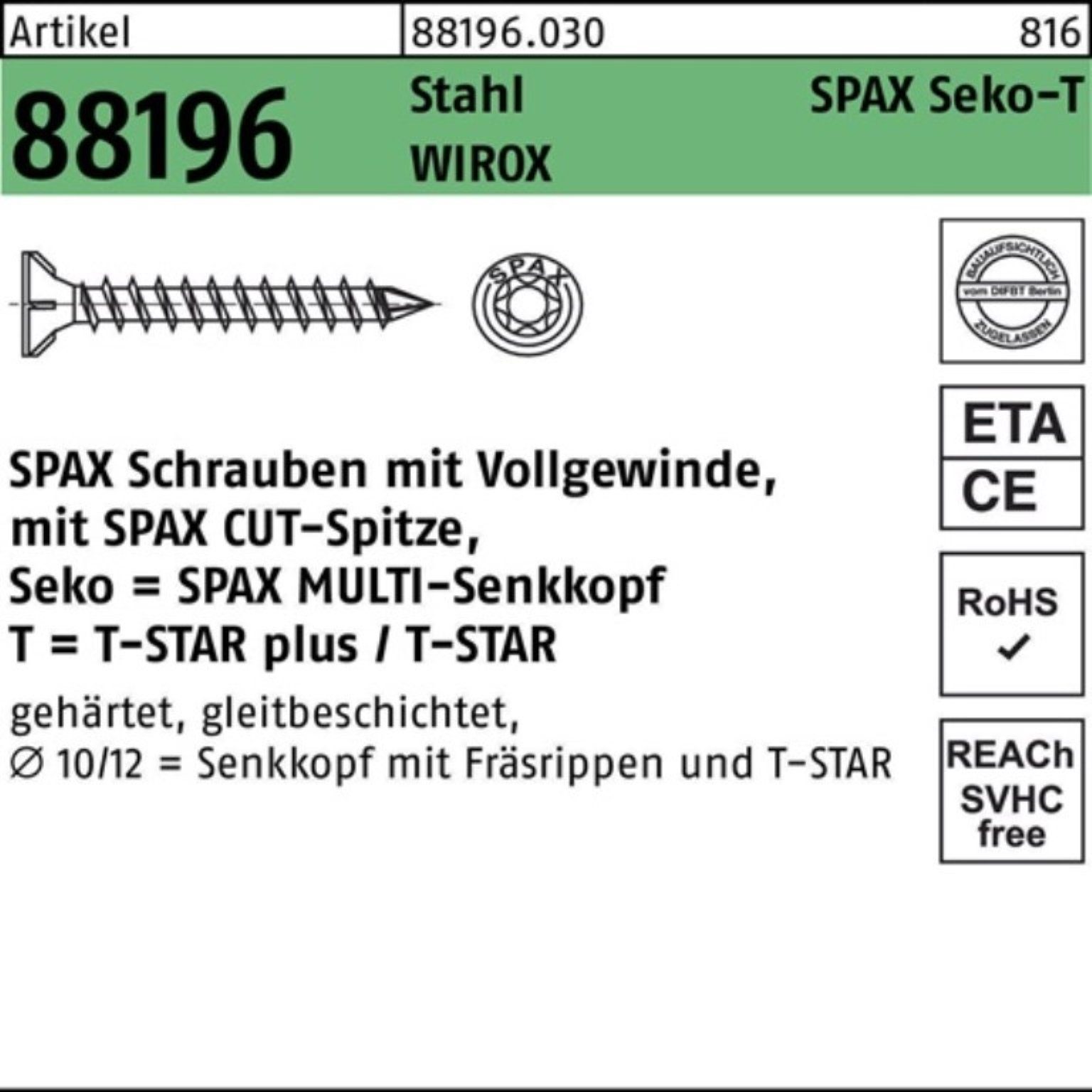 SPAX Schraube 100er Pack Schraube R 88196 Seko Spitze/T-STAR VG 10x200-T50 Sta galv.
