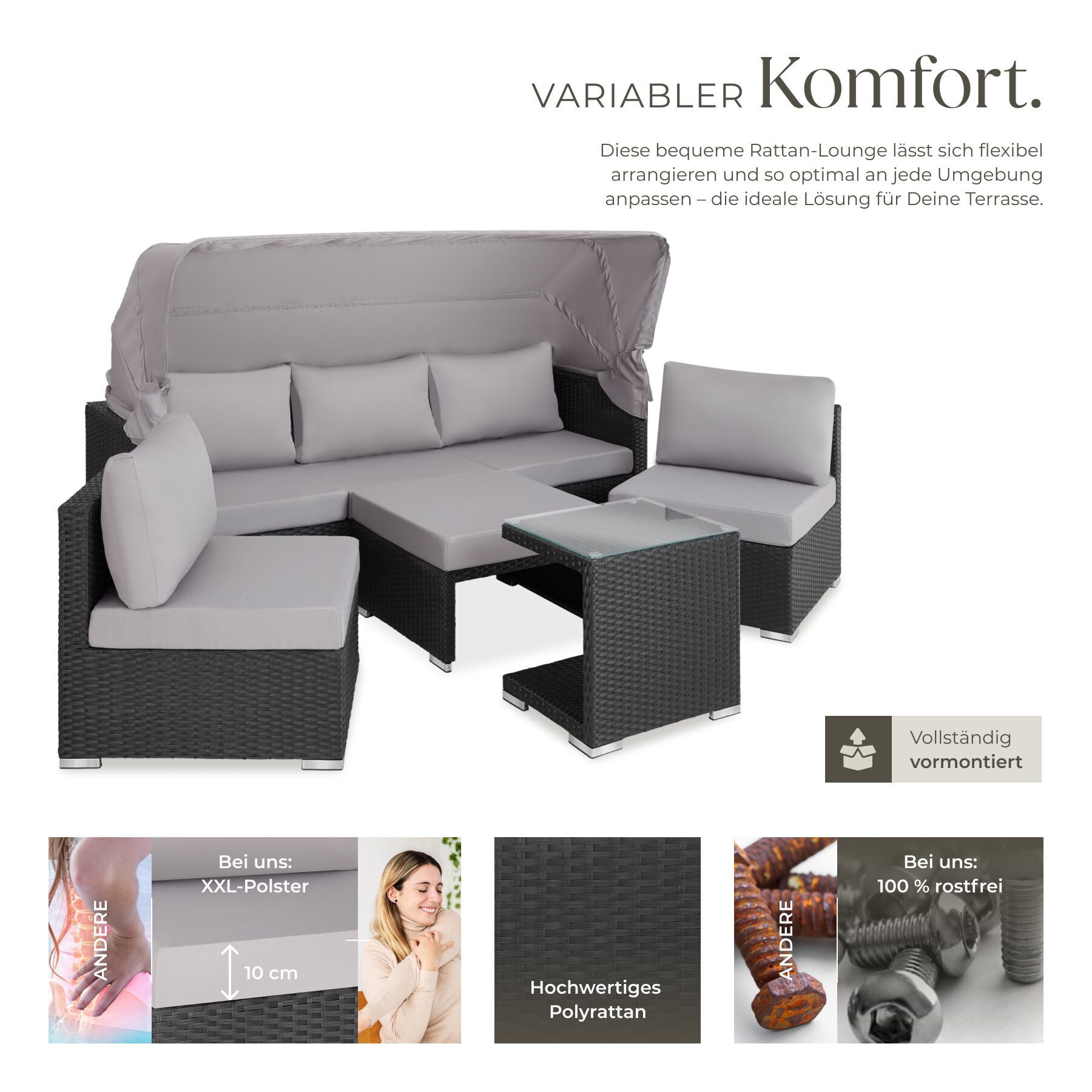 tectake Loungeset Rattan Sitzgruppe, Sicherheitsglasplatte, für 5 bis 6 Personen, (Gartenlounge-set San Marino, 7-tlg., geeignet für Outdoor in Schwarz), wetterfest und UV-beständig, Dicke der Polster 10 cm