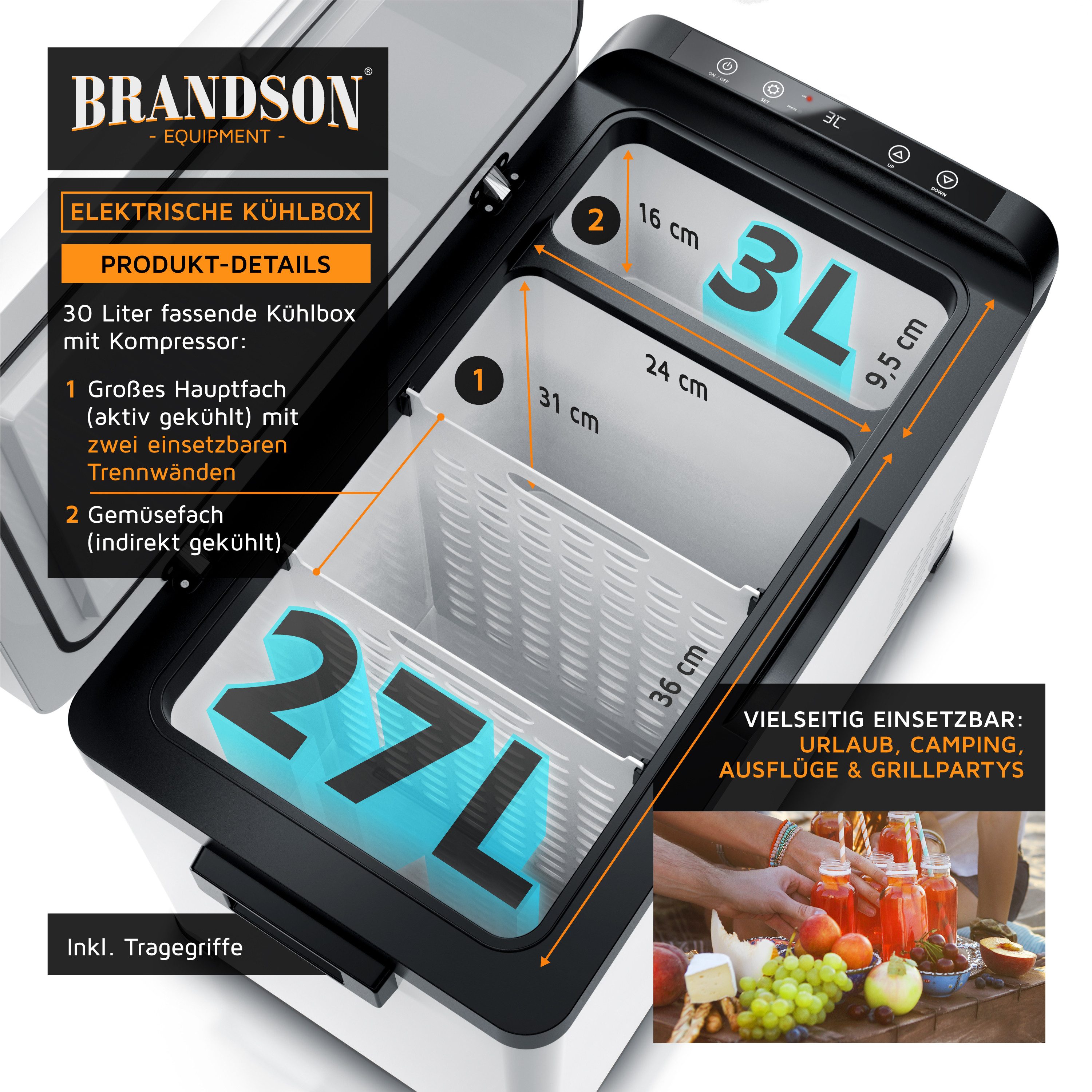 Brandson Elektrische Kühlbox 30L Kompressor Kühlbox bis – 22°C, Gefrierbox für Auto, Haus & Camping, 30 l, XXL Getränke Kühlschrank, ECO Autokühlbox, 12V 24V 230V KFZ, LKW, Boot