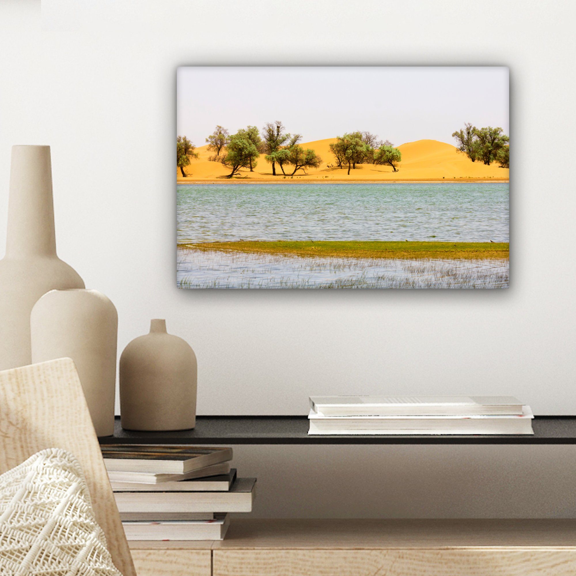 Leinwandbild Oase Wanddeko, (1 Wandbild Leinwandbilder, OneMillionCanvasses® der in Tengger-Wüste, St), Aufhängefertig, 30x20 cm