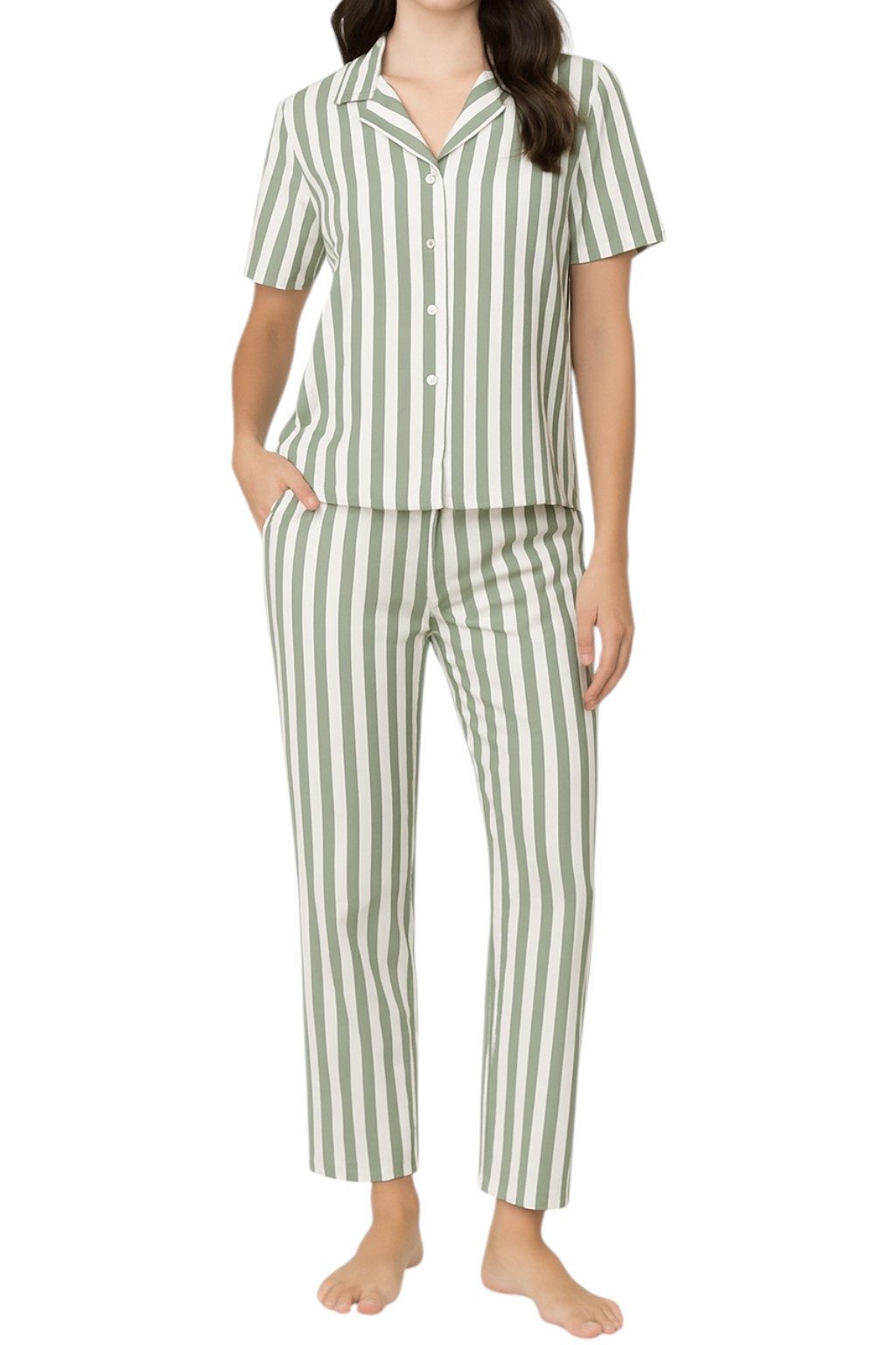 fashionshowcase Schlafanzug Damen Pyjama – Hausanzug grün weiß gestreift ku günstig online kaufen