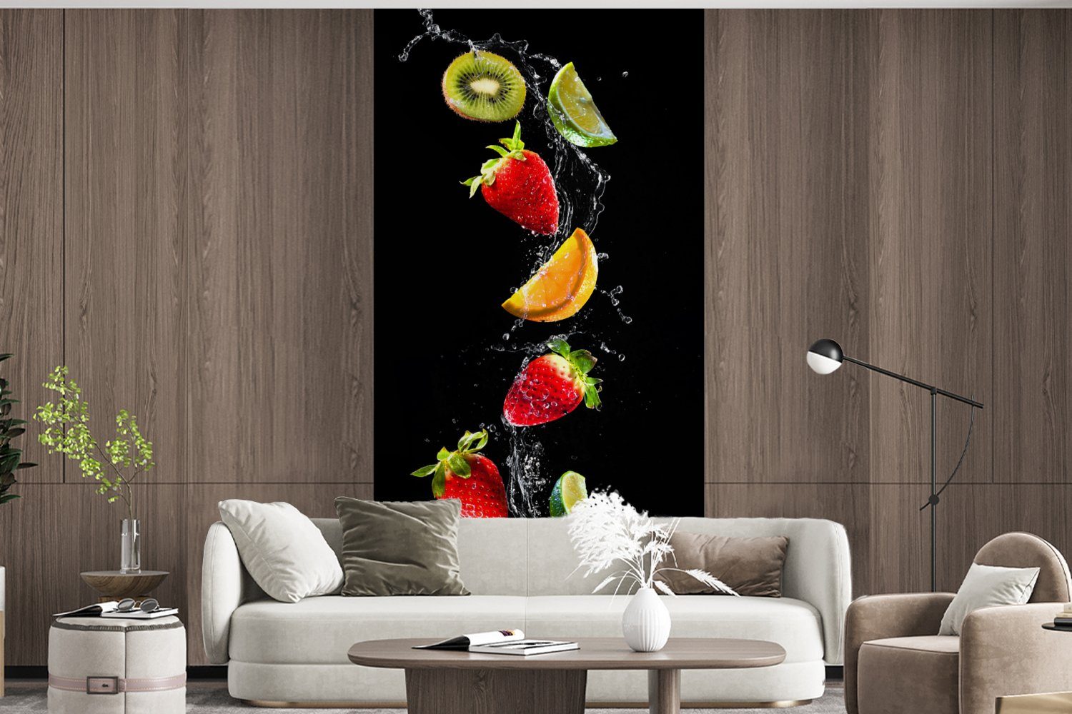 MuchoWow Fototapete Obst - (2 Matt, Fototapete für Schwarz Küche, - Vliestapete - Wohnzimmer - Wasser Schlafzimmer Kiwi, Stillleben bedruckt, Erdbeere St)