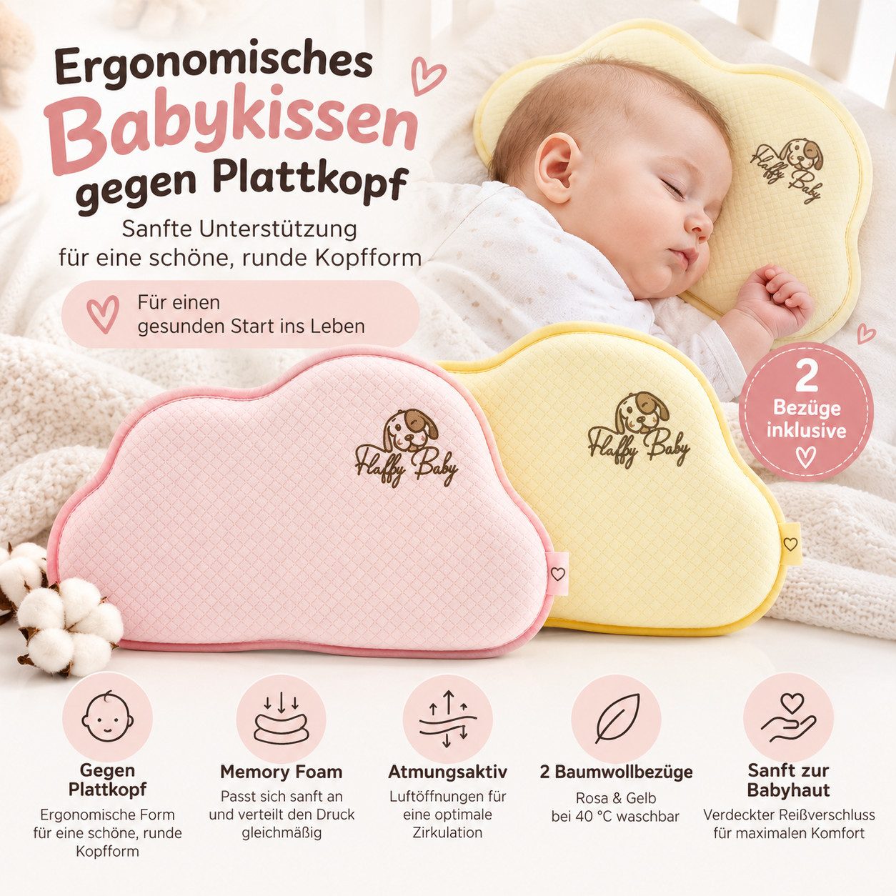 GiglioCollection Babykissen Ergonomisches Babykissen gegen Plattkopf – Memory Foam & 2 Bezüge