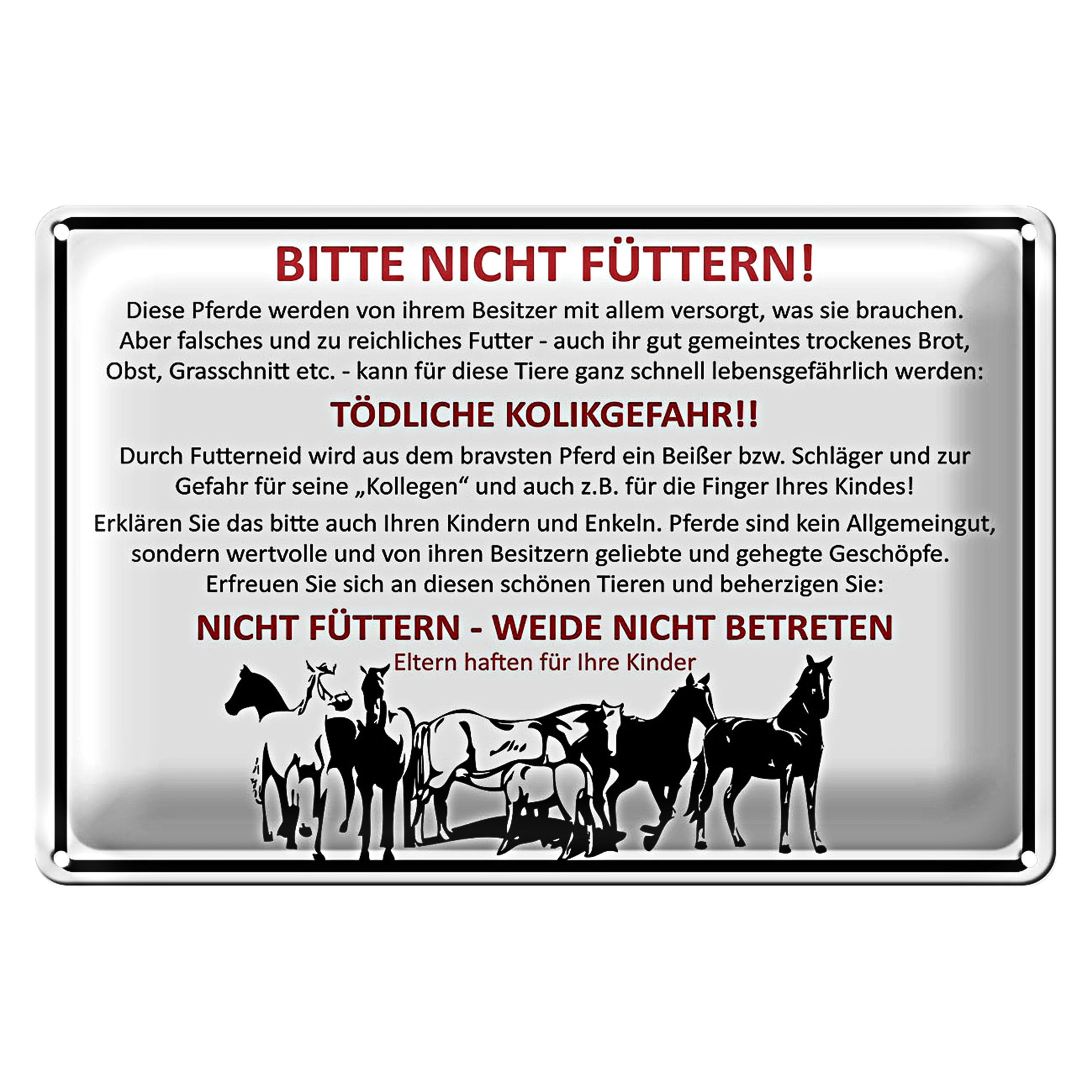Metallschild Tiere 18x12cm bitte nicht füttern Pferde Verbot