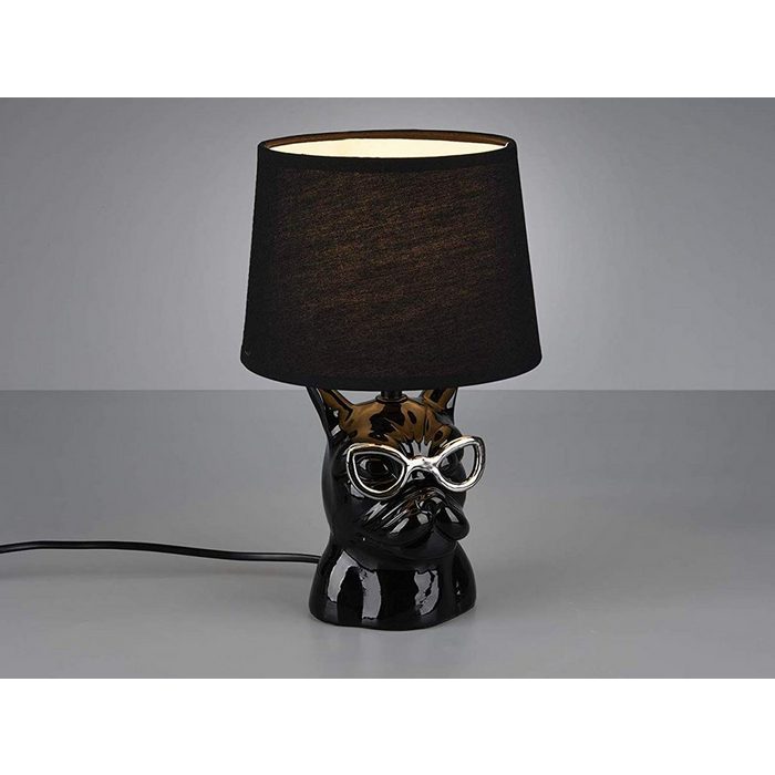 meineWunschleuchte LED Tischleuchte LED wechselbar Warmweiß mit Lampenschirm Stoff - Klein - Konisch - Schwarz Kleine ausgefallene Keramik Hunde-Lampe Hunde-Kopf mit Bart und Brille