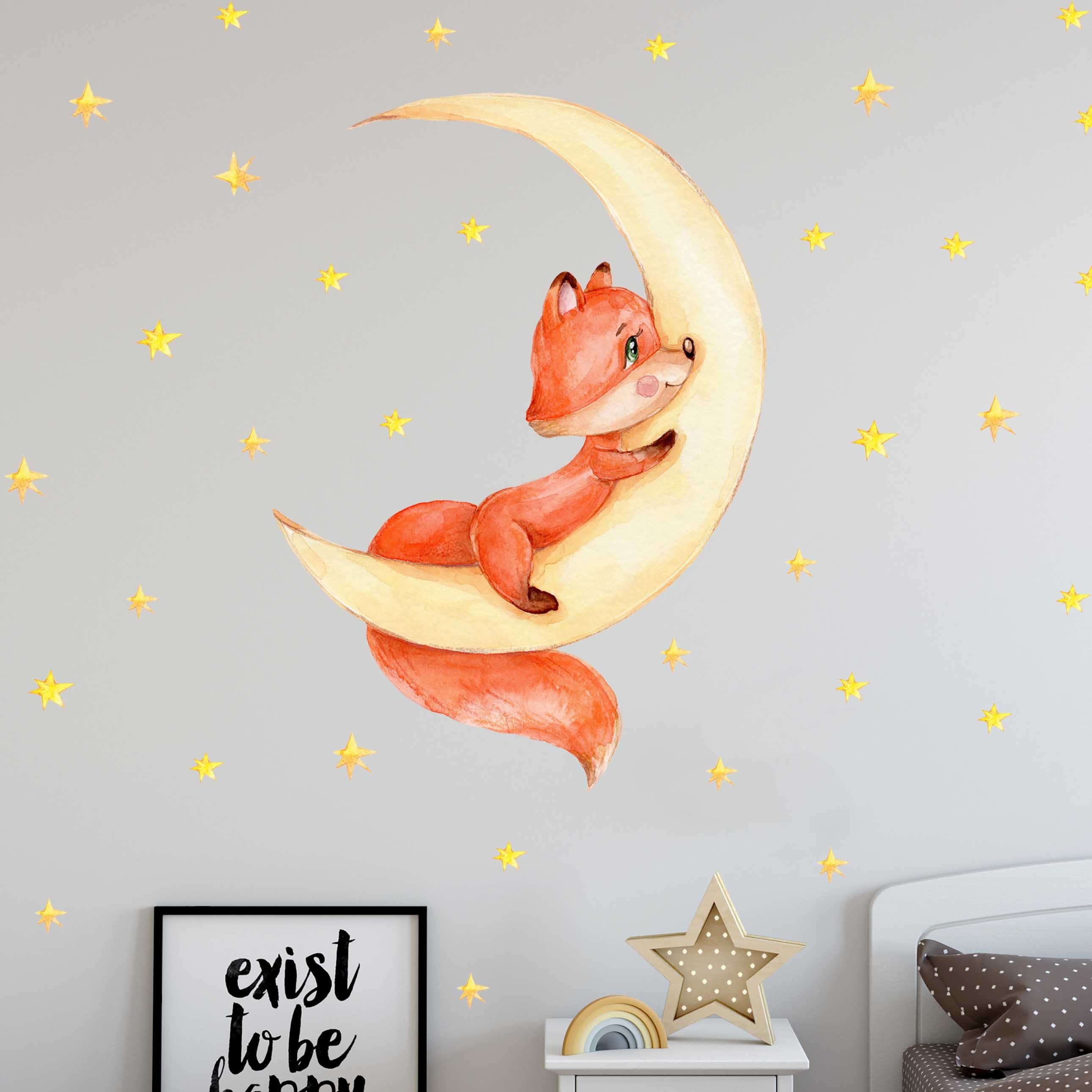 Wandtattoo Kinderzimmer Fuchs auf dem Mond V390 / handgezeichnet