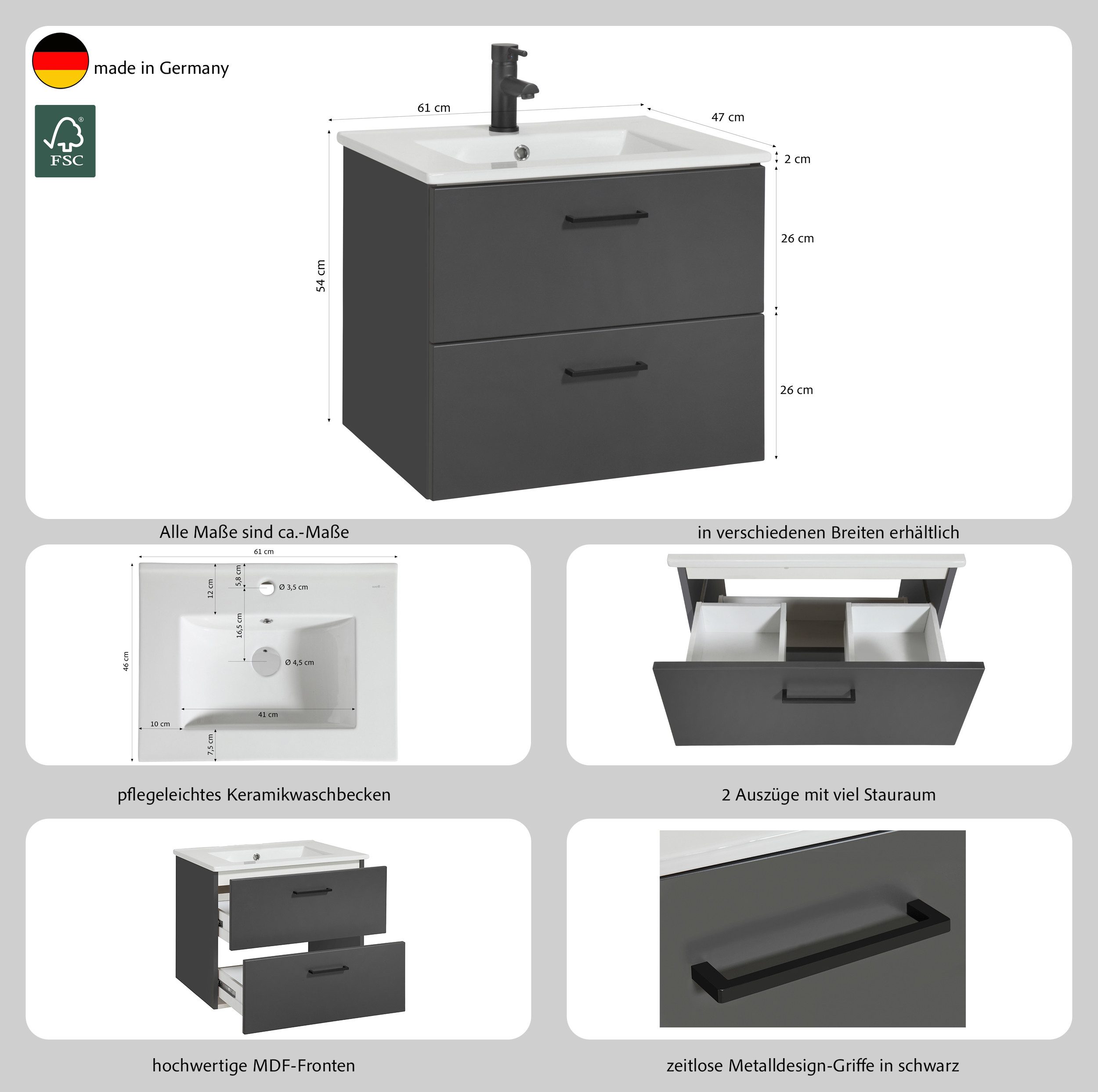 welltime Waschtisch Trento in verschiedenen Ausführungen inkl. Waschbecken, Badmöbel in Breite 60 cm, Badschrank Waschplatz mit 2 Schubladen