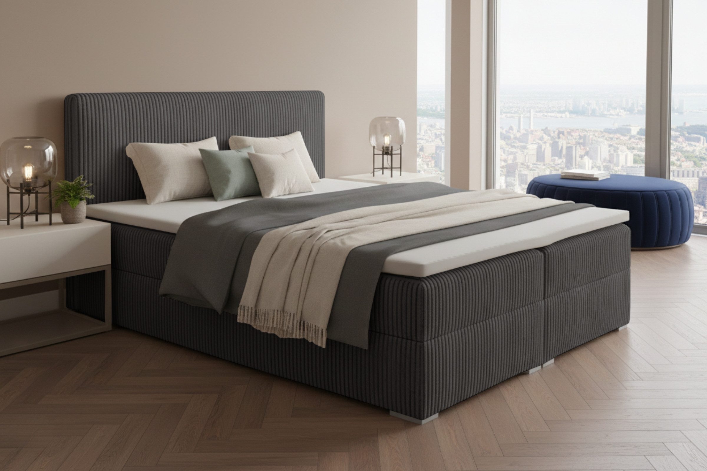 Deine Möbel 24 Boxspringbett LON IV Boxspring Komplettbett Polsterbett Bonellfederkernmatratzen (Cord Beige Creme Grau Dunkelgrau Graphit Schwarz, 1-St., Boxbett Cord Cord-Samt 140x200 160x200 180x200 200x200), inkl. Bettkasten Topper Matratzen H3 H4