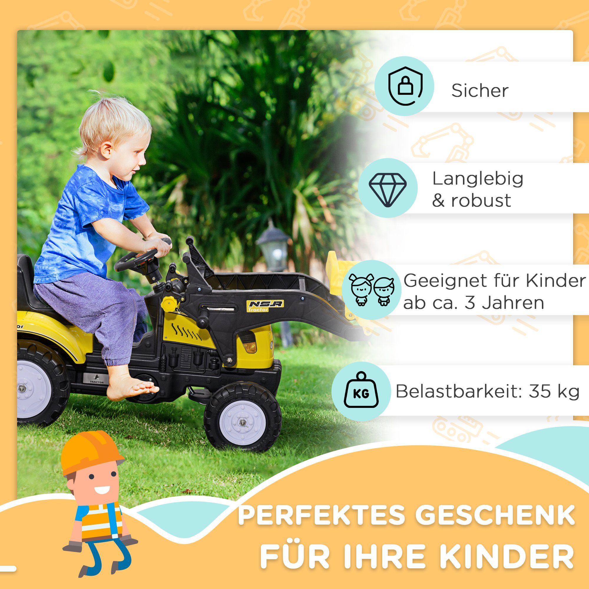 FANTASK Kinder Bagger Mit 360° Sitz - Aufsitzbagger Für Sandkasten Ab 3 Jahren