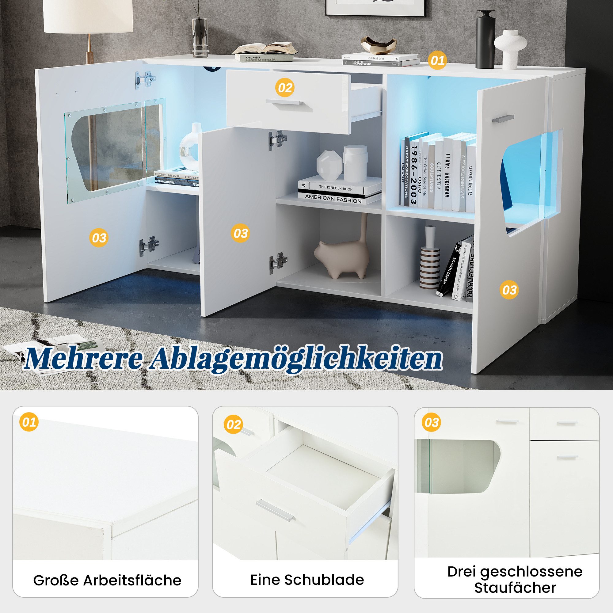 Merax Sideboard Hochglanz Vitrinenschrank Wohnzimmerschrank mit LED-Lichtleiste (140 L x 33 B x 70 H cm, 1 St), Kommode mit 3 Türen, Glasfronten aus Sicherheits – Bild 4 von 5