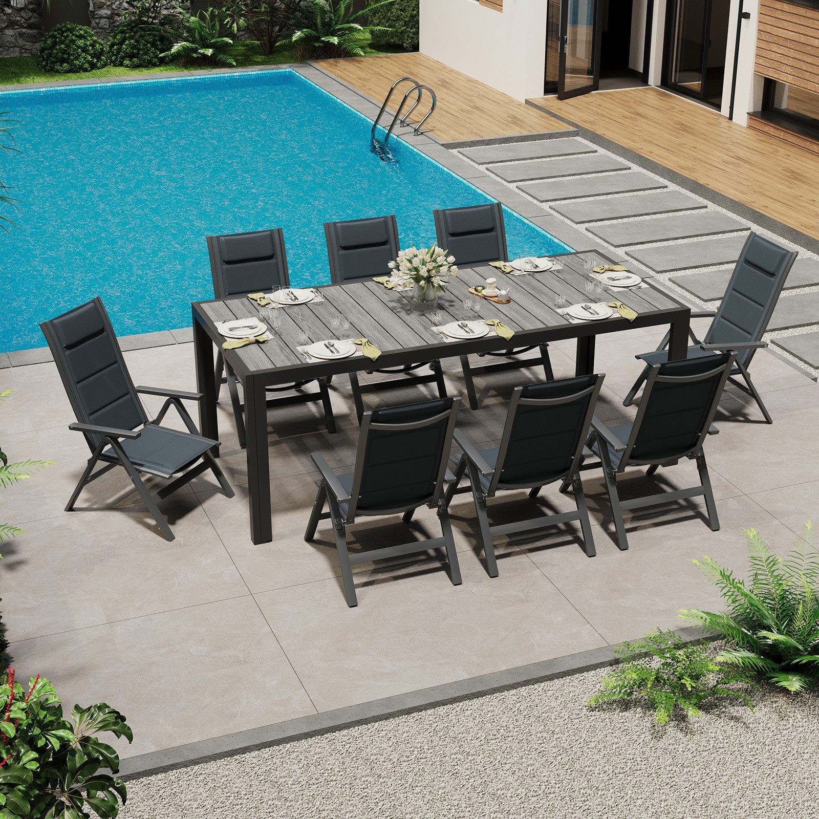 HOMALL Garten-Essgruppe Gartenmöbel Set aus klappbarer Armlehnstuhl und Aluminium Gartentisch, (9-tlg., 8 Klappstuhl (bis 160kg), 1Tisch (bis 100kg), Aluminium, Textilgewebe), Holzoptik Tisch & klappbare Stühle mit 7-fach verstellbarer Lehne